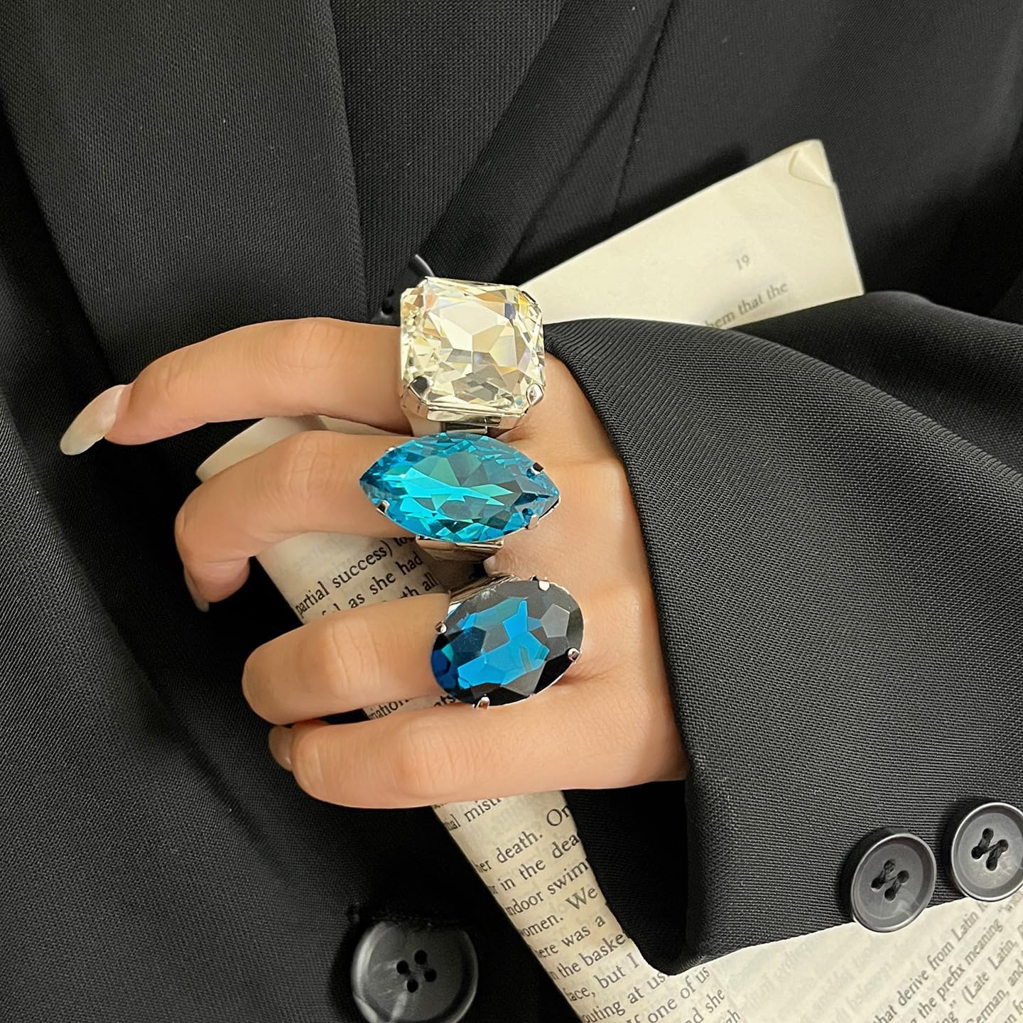 Exaggerated Marquise Shape Rhinestone Cocktail Statement Ring for Women Chunky Large Geometric Thick Crystal Gemstone Open Finger Rings Party Engagement Wedding Anniversary Prom Jewelry Accessories - Image 3