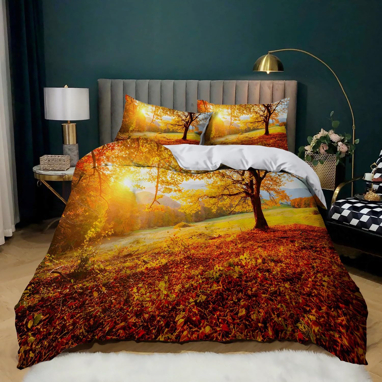 Xcqhzyq Boys Autumn Leaves Duvet Cover Set King Size 220X230 Cm Quilt Cover Easy Care Bed Linen Soft Microfibre Cosy Bedding Sets With 2 Pillowcases 50X75 Cm