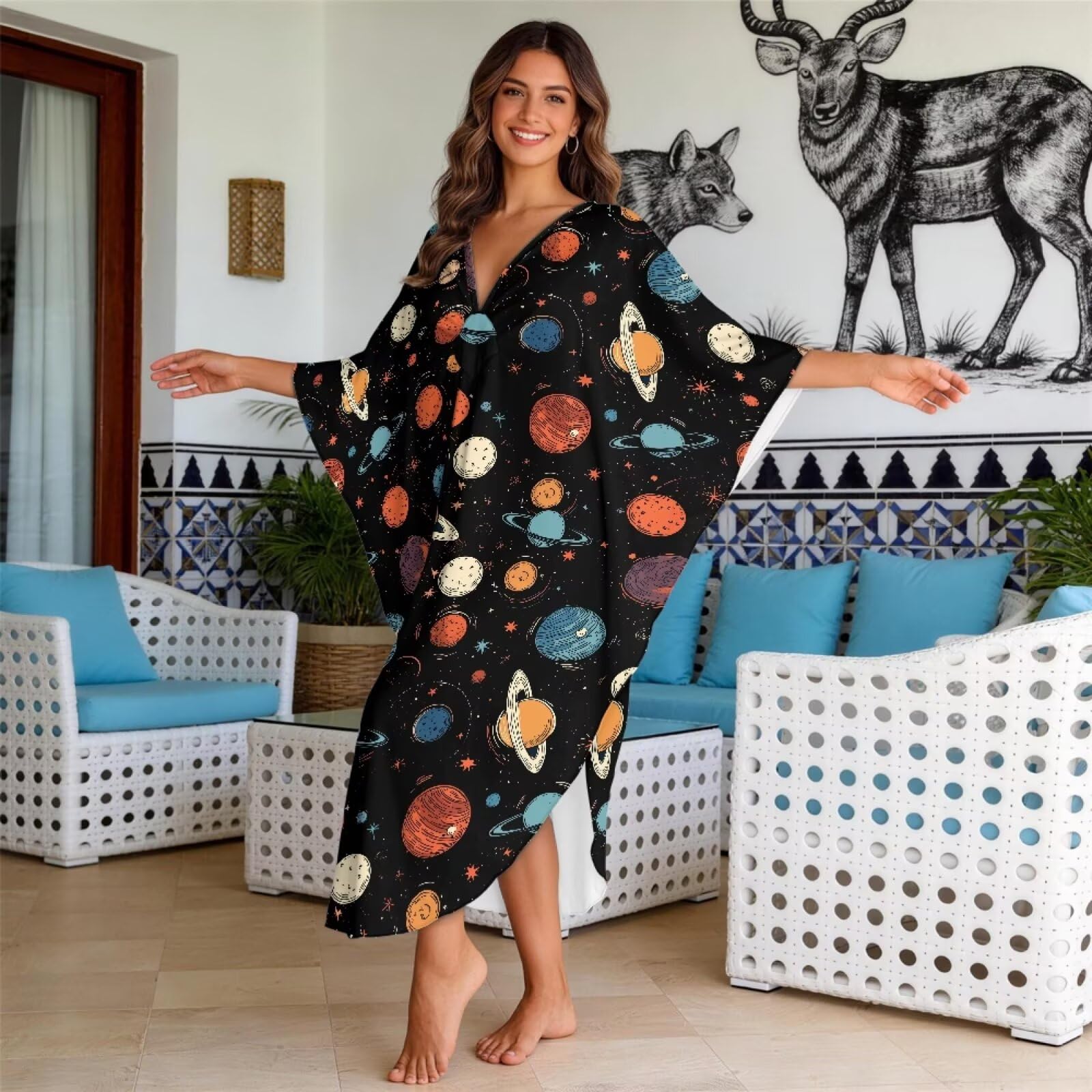 Poceacles Damska sukienka plażowa z dekoltem w serek z nadrukiem kaftan letnia jesienna sukienka maxi boho wakacje bikini strój kąpielowy okrycie