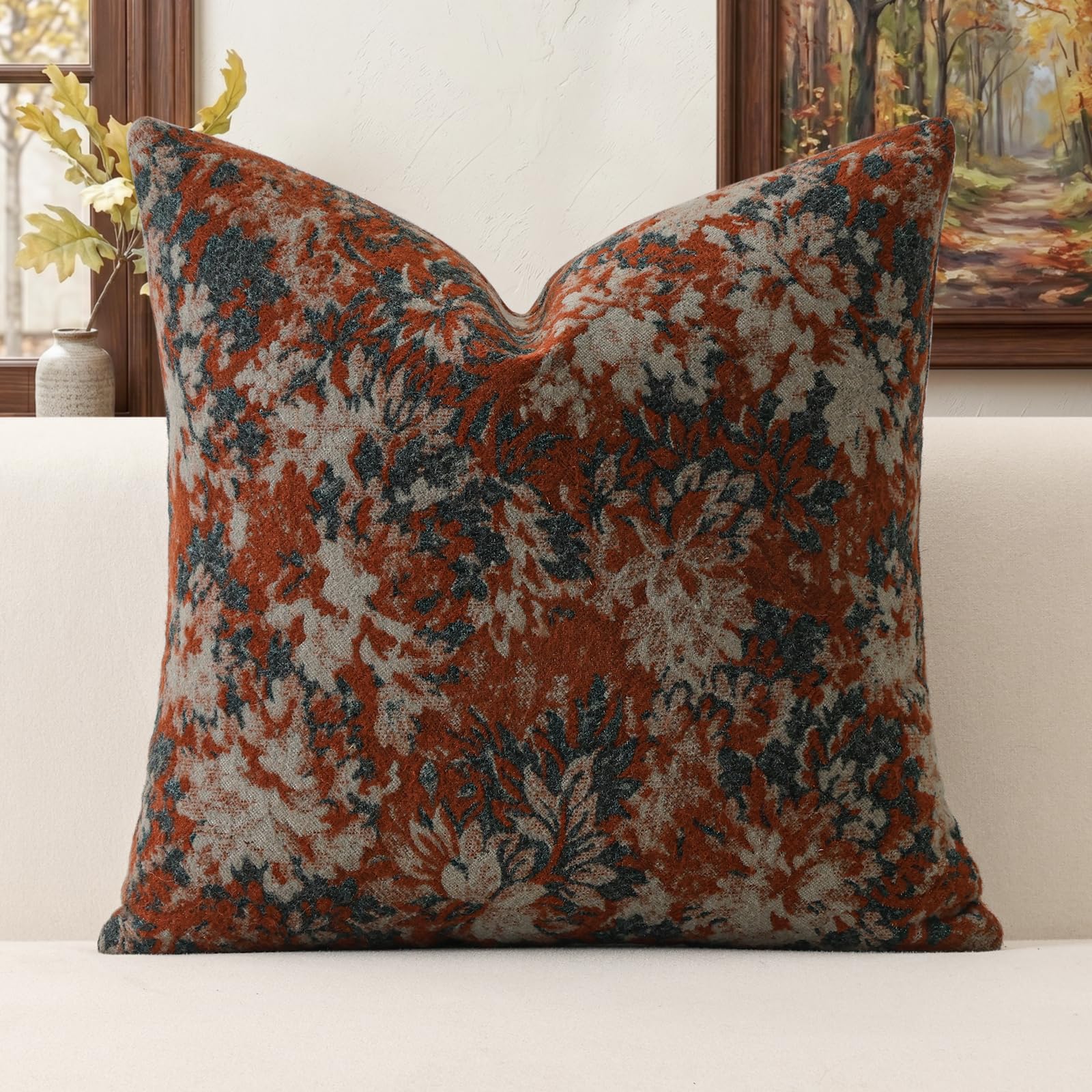 Artscope Set of 1 Neutral Floral Cushion Cover 45x45cm, Vintage Chenille Square Throw Pillow Cover Soft Decorative Farmhouse Accent Couch Pillow Cover for Living Room Bedroom Red