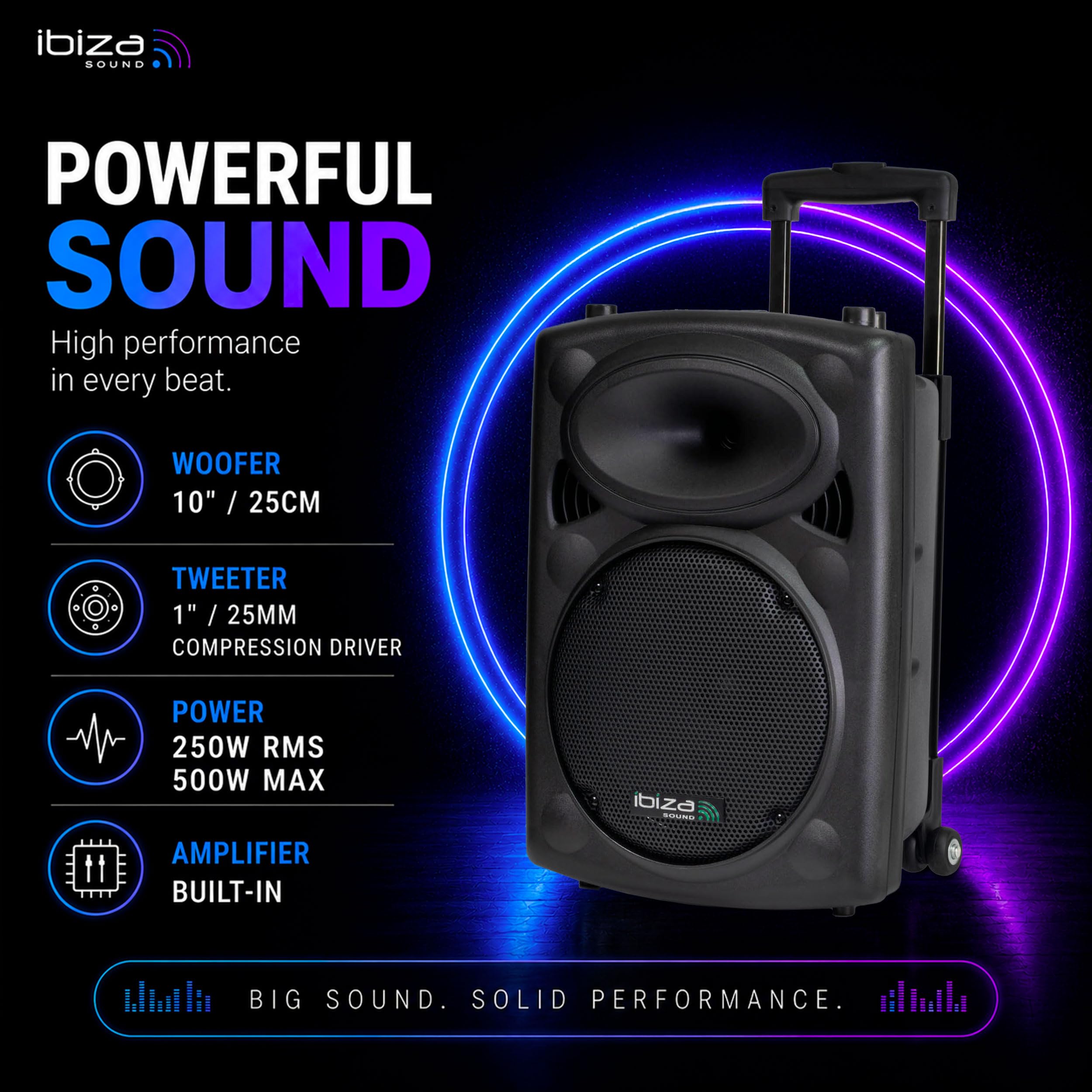 Ibiza PORT10VHF-BT Altoparlante PA Bluetooth 10" 25 cm 500 W 250 W RMS Karaoke 2 Microfoni VHF TWS USB SD Carrello