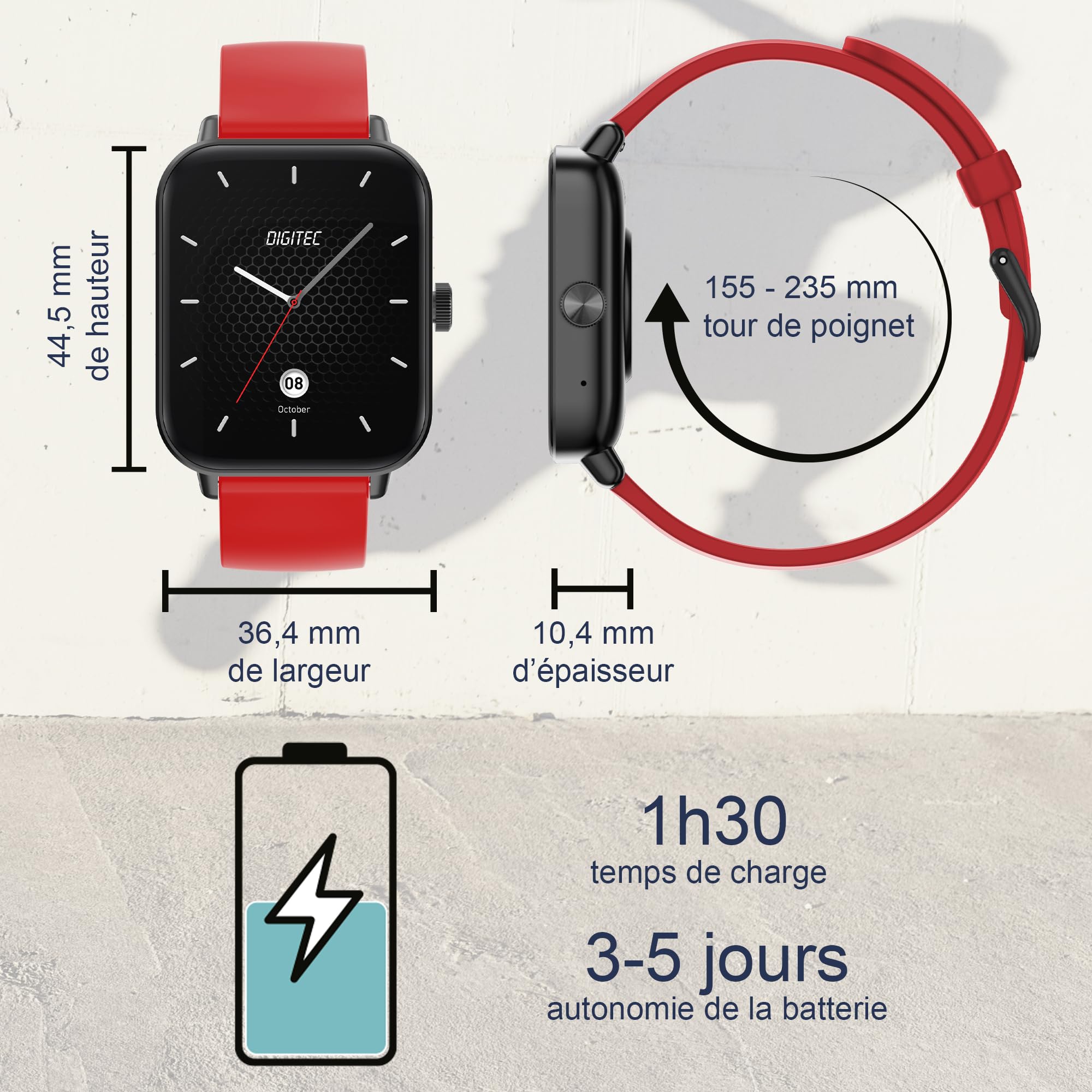 Digitec Montre connectée Square Noire avec Bracelet en Silicone Rouge, Homme Femme, Suivi activité et Sommeil