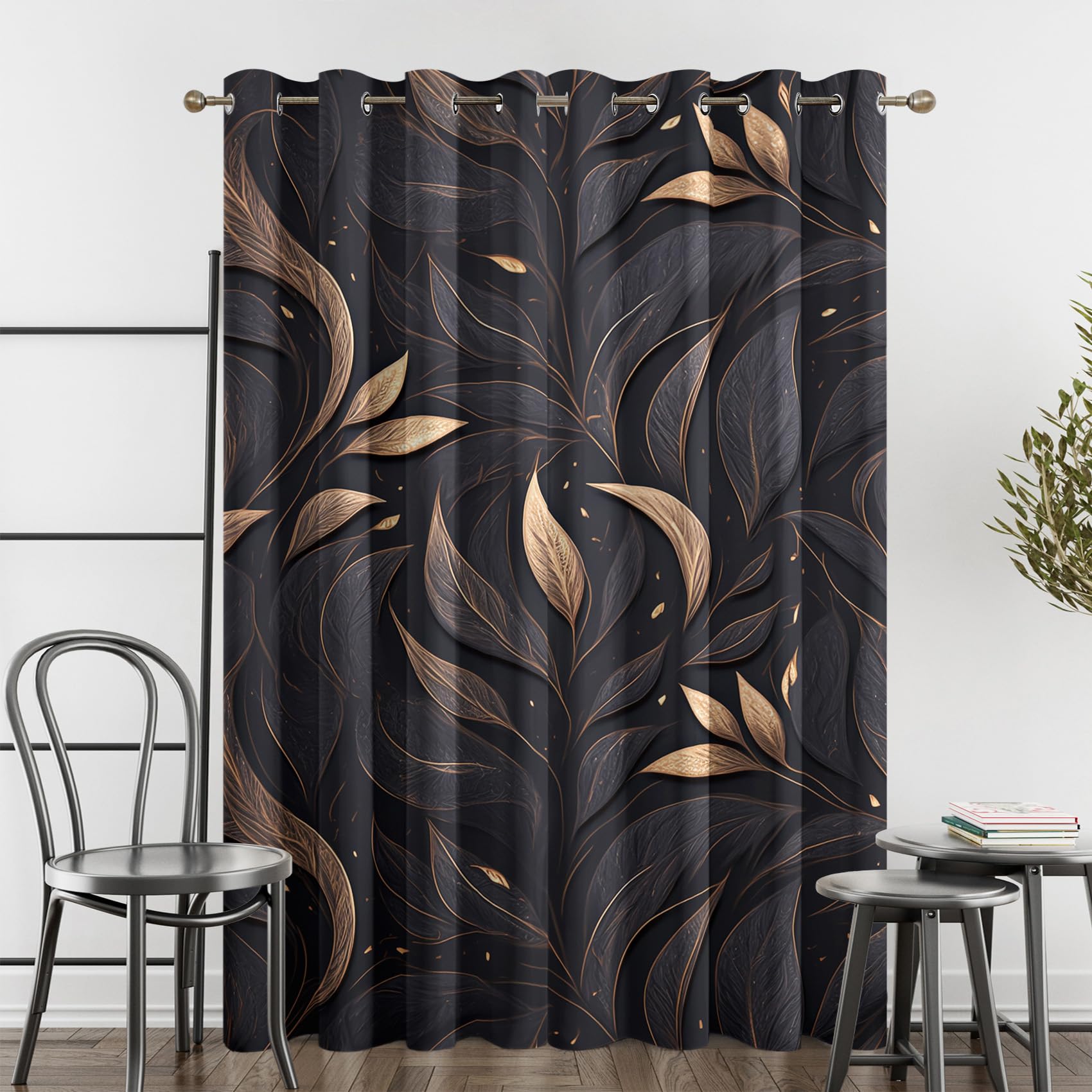 Gold Schwarze Blätter Vorhänge, Luxuriöses Metallic Verdunklungsvorhänge mit Ösen, Vorhang Blickdicht für Wohnzimmer Schlafzimmer Dekoration, Gardinen mit Muster, 2er Set, 137 x 117 cm (HöhexBreite)