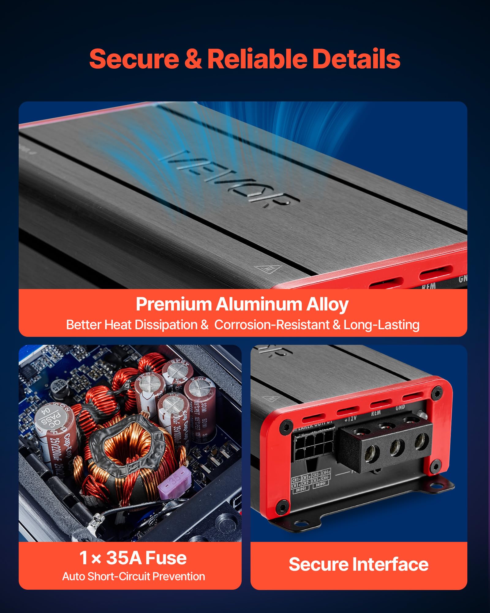 VEVOR Amplificador para Automóvil 4 Canales Puenteable Clase D, Máximo 4 x 120W a 4 ohmios y 4 x 200W a 2 ohmios, Amplificador Estéreo de Audio para Coche para Vehículo Todoterreno Camioneta SUV Sedán