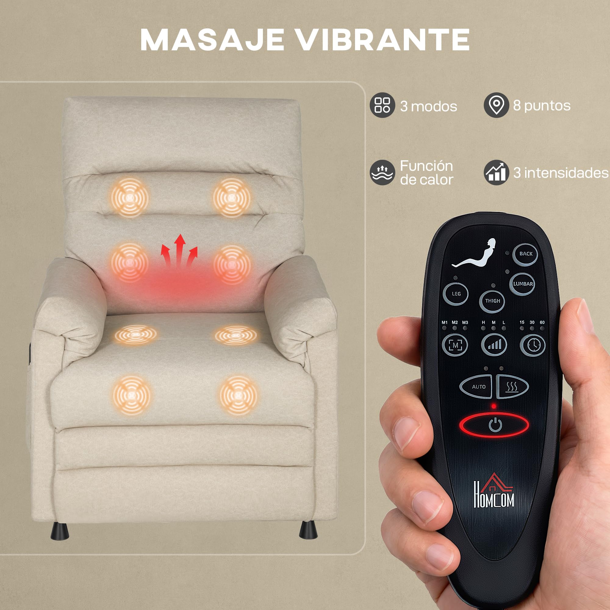 HOMCOM Sillón Relax Reclinable Eléctrico, con Calor Lumbar y Masaje Vibración, Sillón Masaje Relax, Motor Silencioso, Función de Memoria, Bolsillos, Control Remoto con USB, Tejido Pet-Friendly, Beige
