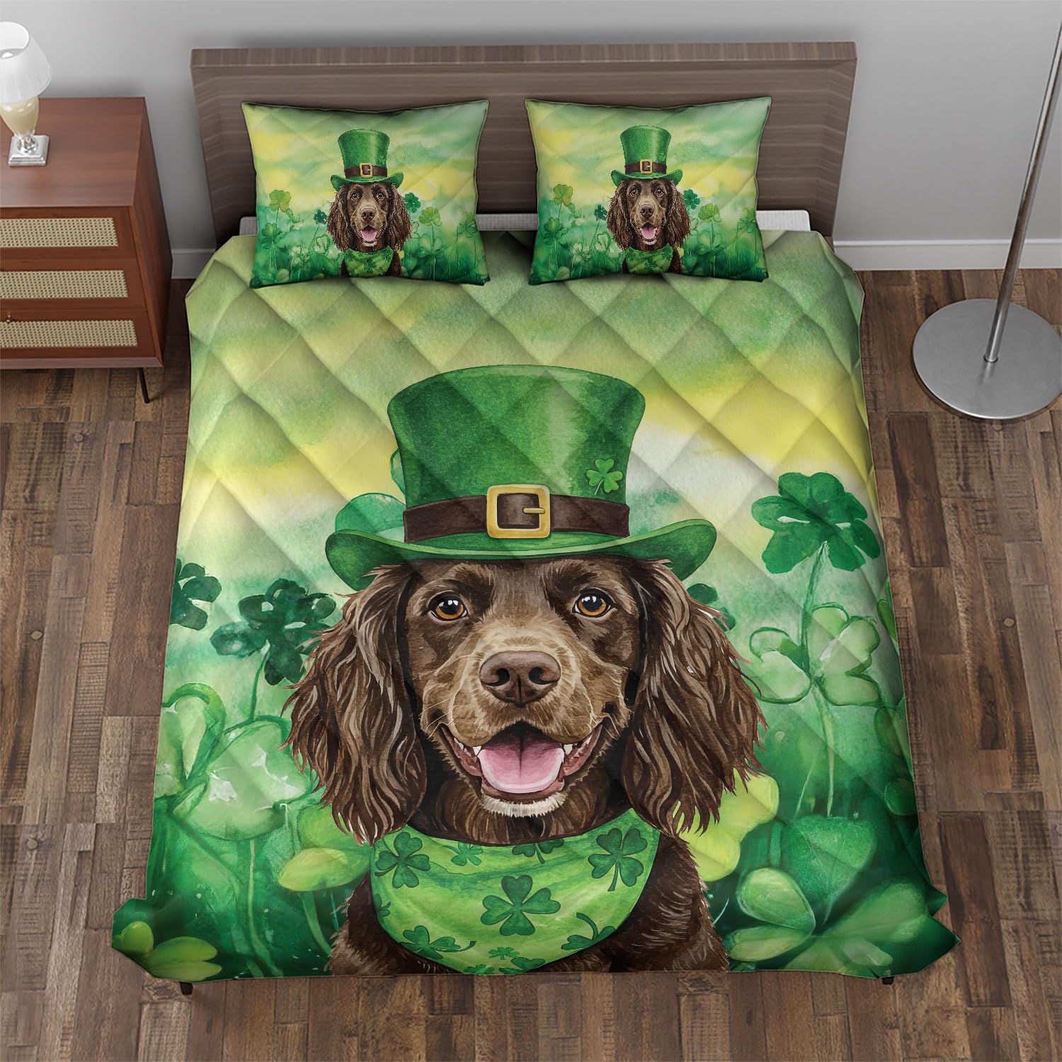 Ninety3POD Lucky Shamrock Happy Boykin Spaniel Saint St. Patricks Day Artwork Quilt Bedding Set Dog Lover 1 Blanket Bed Cover 2 Pillowcases 11001