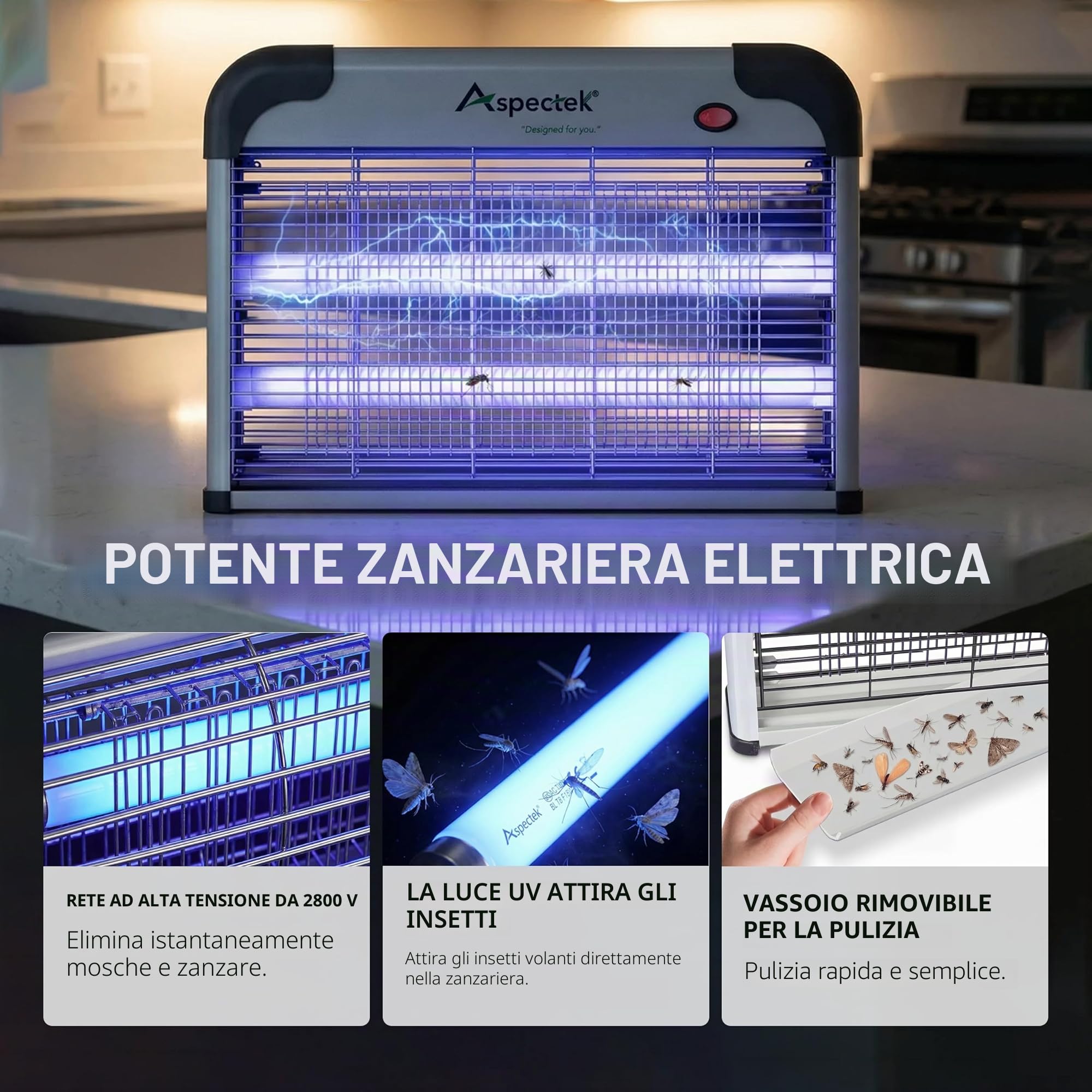 Aspectek Zanzariera Elettrica 20W Senza Lampadine, Lampada UV Anti Zanzare Per Interni Ed Esterni Coperti, Trappola Per Mosche, Tarme, Moscerini, Casa, Garage, Patio, Catena, Vassoio, Griglia