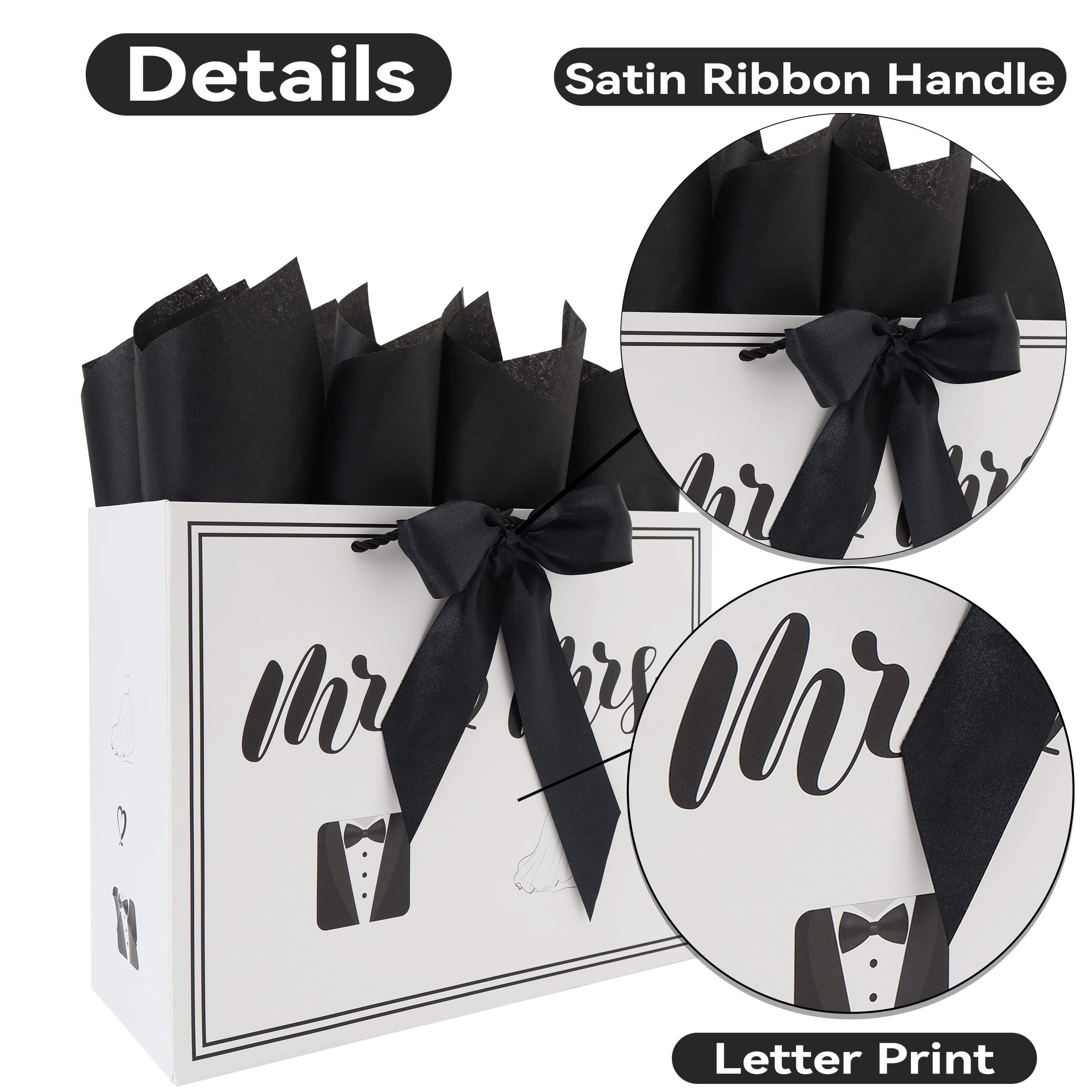 wishinside 13” Large Wedding Gift Bag Set with Handles, Greeting Card, Tissue Papers and Stickers for Bridal Shower Anniversary Engagement Newlyweds Couple, Elegant Mr. & Mrs. Design, 1 Pcs