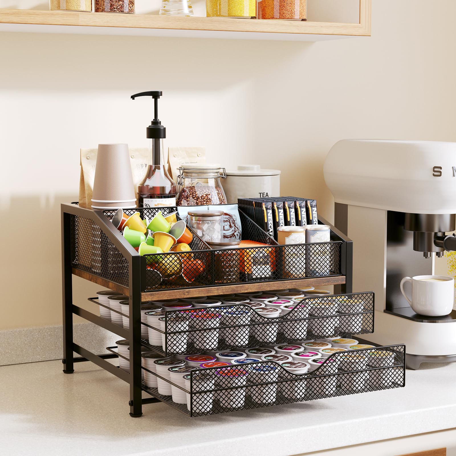 BBLIKE Organizer per bar da caffè, stazione per il piano di lavoro, in metallo e legno, cestino portaoggetti per capsule di caffè, sciroppo, tazze, bacchette, spezie di caffè, organizer per tè