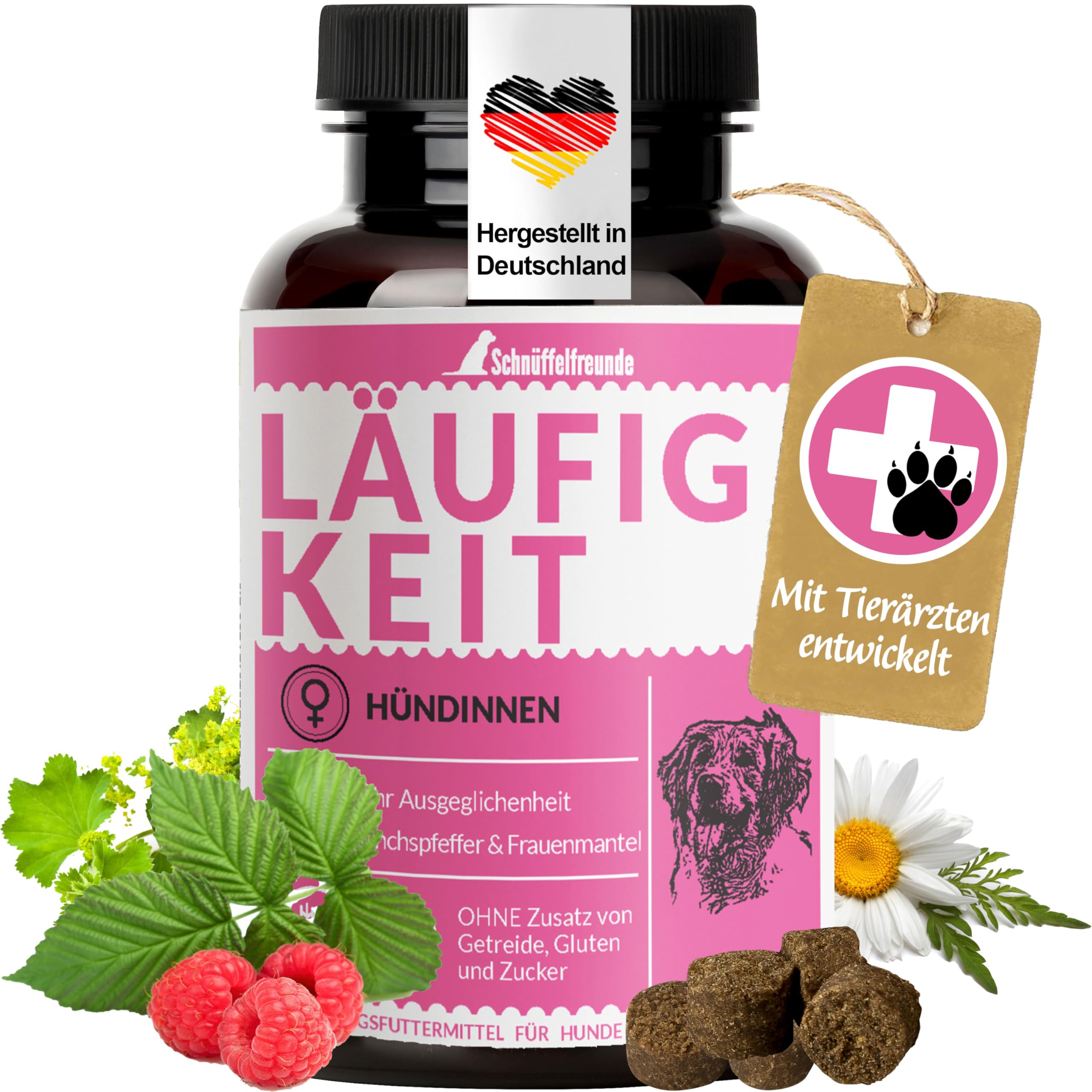 Schnüffelfreunde Läufigkeit Drops für Hunde I für den Hund im Zyklus I scheinschwanger scheinträchtig I mit Mönchspfeffer, Frauenmantel, Himbeerblätter, Baldrian (150g - ca.180 Stück)