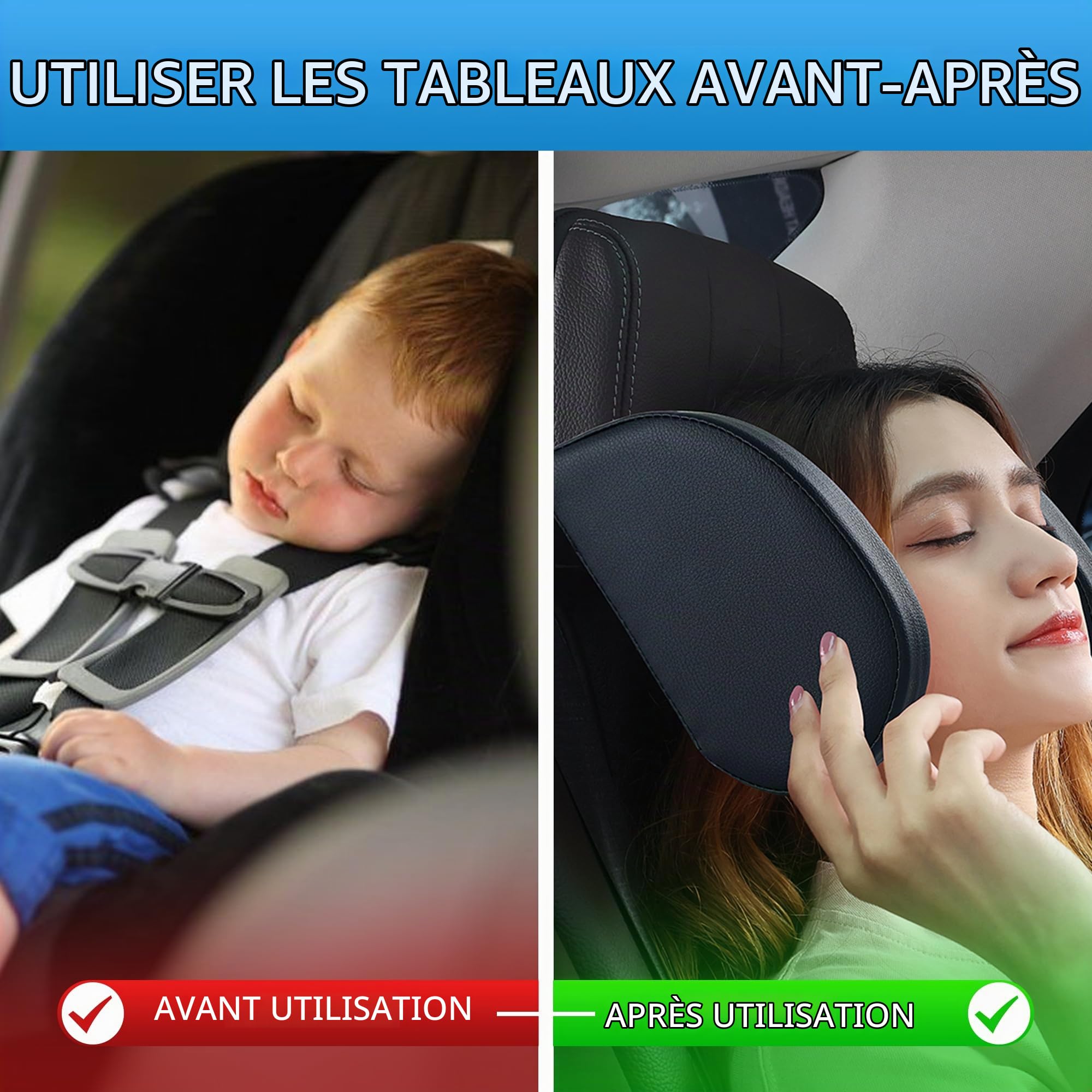 Lot de 2 appuie-tête de voiture pour enfants, réglables à 180 °, en cuir respirant, coussin de nuque pour enfants, convient pour adultes et enfants, pour dormir en voyage, noir