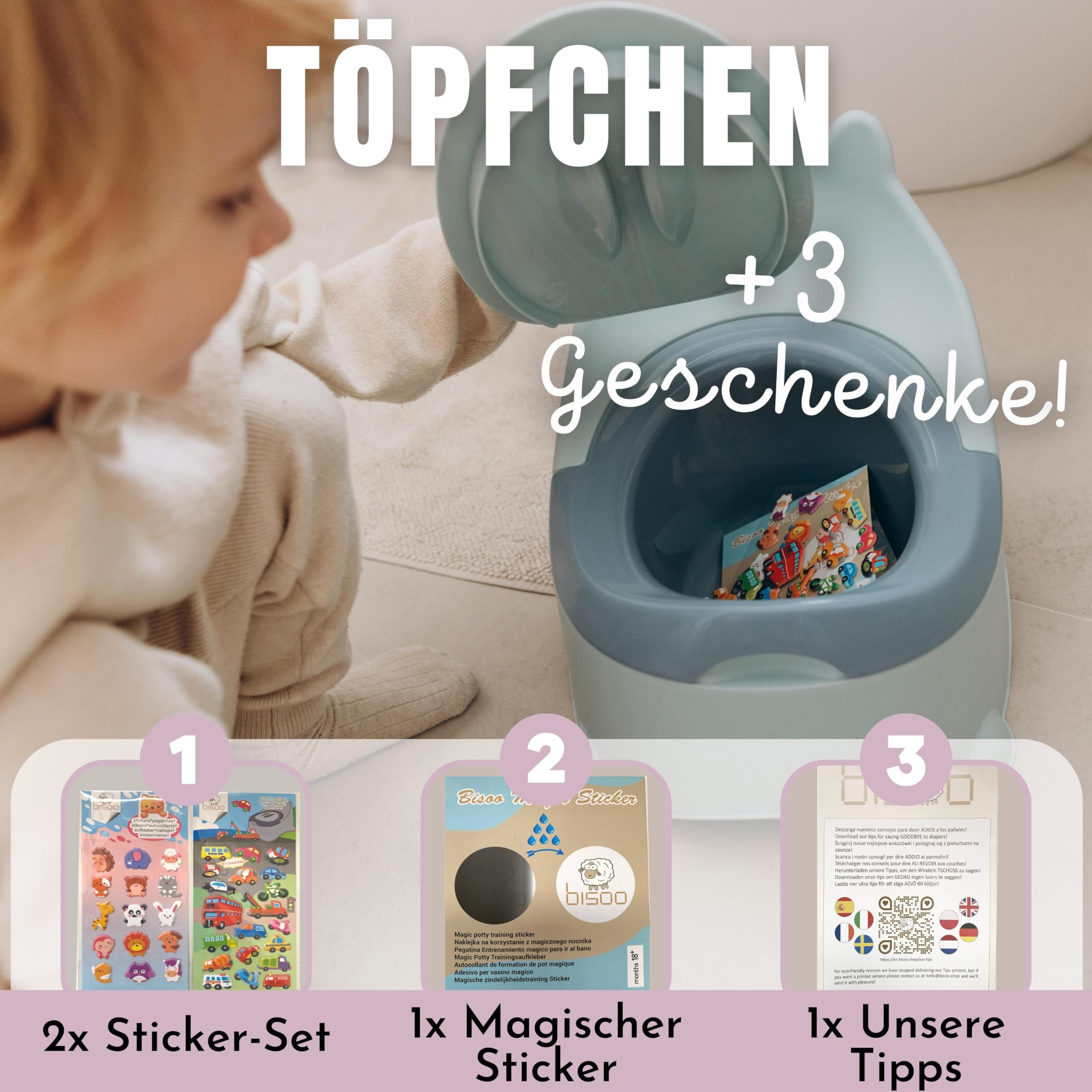 Bisoo Töpfchen für Kinder - Magisches Töpfchentraining mit Spaß - Kindertoilette mit Thermosticker, Anleitung und Sticker-Sets - Ergonomisches, Töpfchen baby, Einfache Reinigung, BPA-frei - Klo Blau