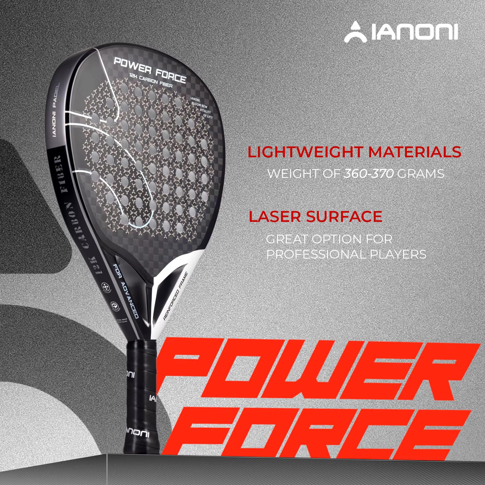 ianoni Racchetta da padel in fibra di carbonio 12K con superficie 3D con schiuma EVA Memory Flex Core-Power Force