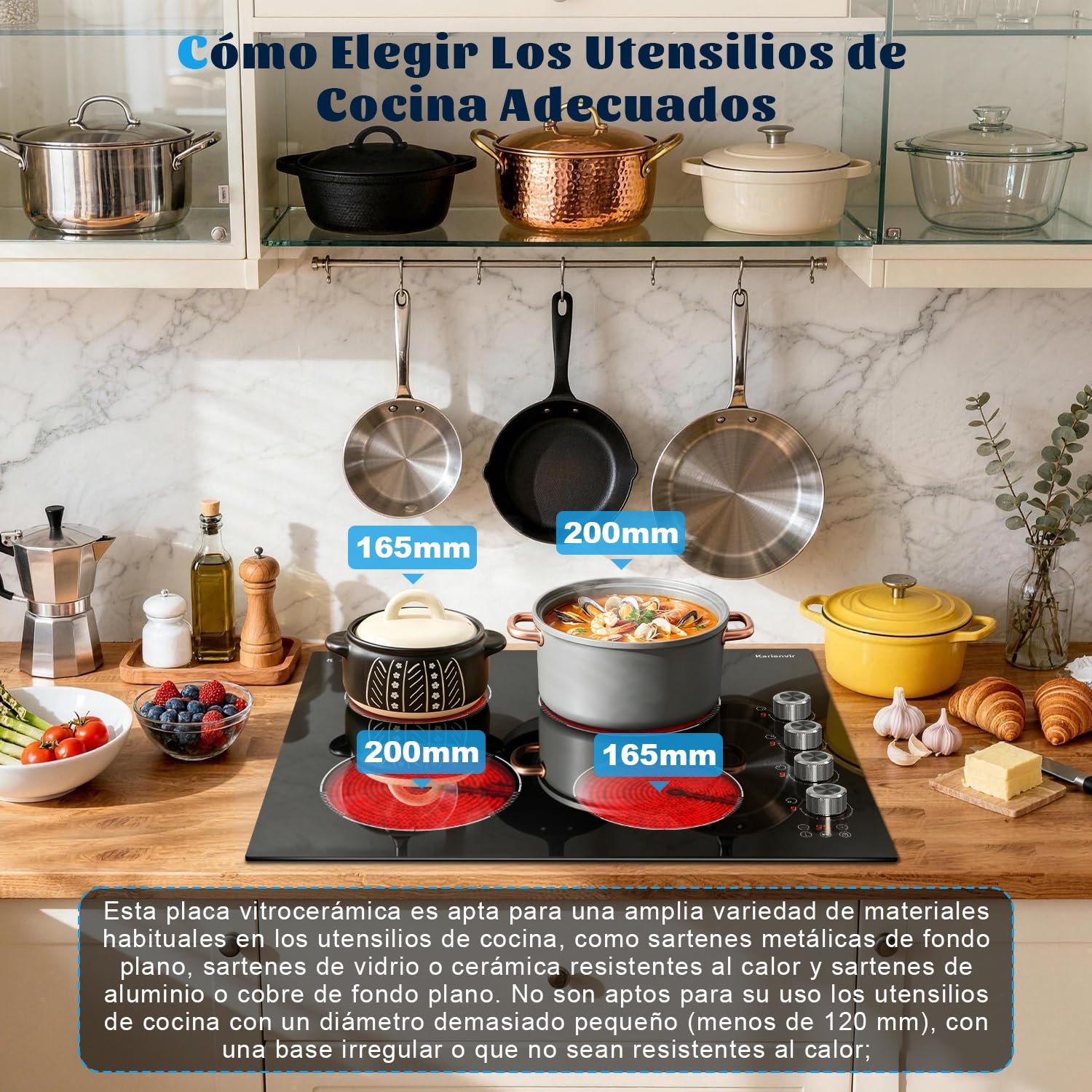Placa Vitrocerámica de 4 Fuegos, Vitroceramica Empotrada de 60CM, 6000W | Controles táctiles y Perillas, con Bloqueo de Seguridad, Temporizador, Función de Pausa