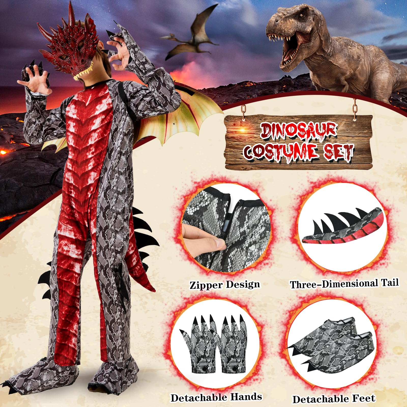 Ulikey Costume da Drago Bambino, Costume Carnevale Ragazzi, con Ali di Drago, Maschera da Drago, Dinosauri per Bambini Blu Rosso, Drago Tute per Bambini Carnevale Halloween Feste Cosplay