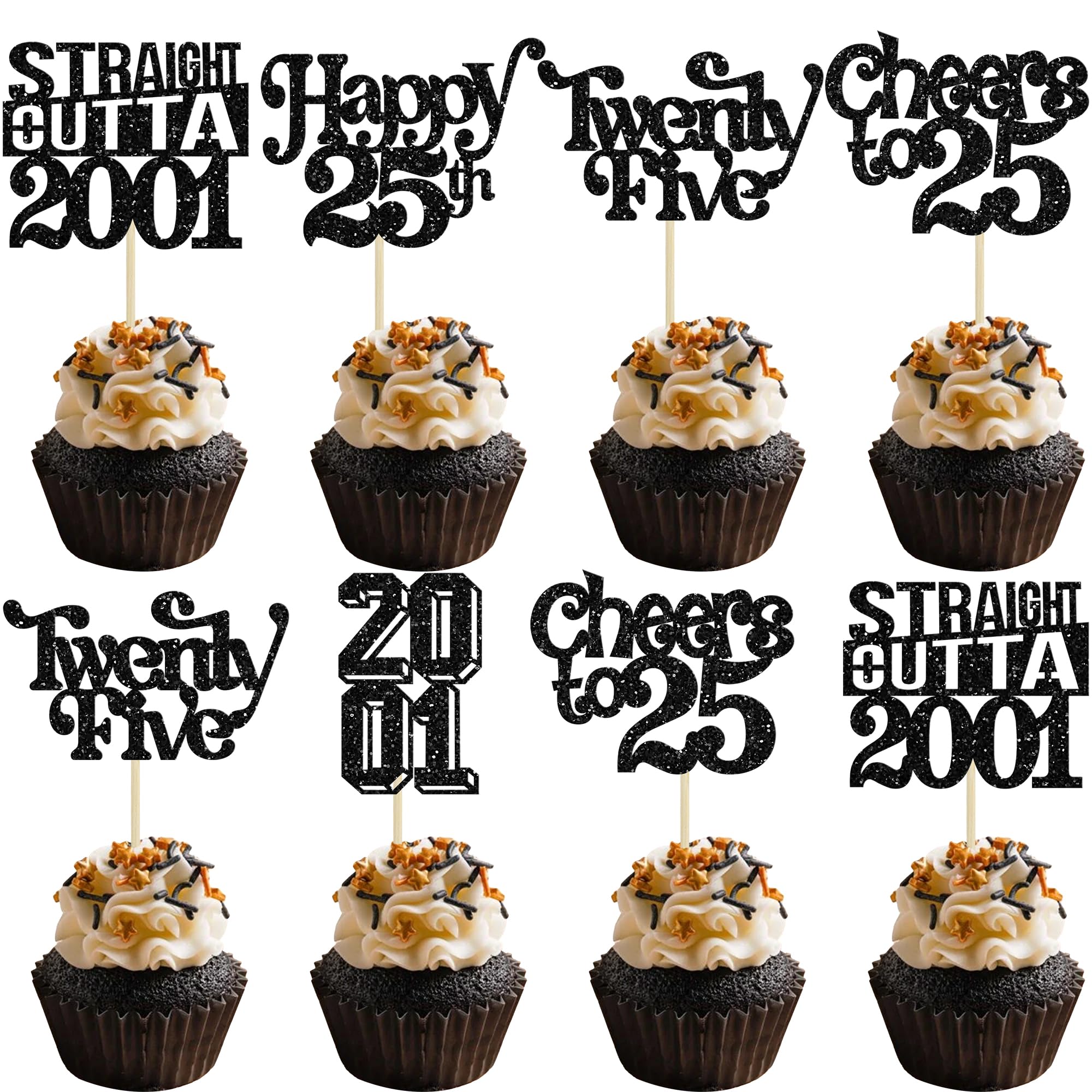 Gyufise 30Pcs Happy 25th Birthday Cupcake Toppers Glitter Twenty Five Straight Outta 2001 Cupcake Picks Cheers to 25 Fabulous Cake Decorations for Happy 25th Birthday Anniversary Party Supplies Black โ image 1