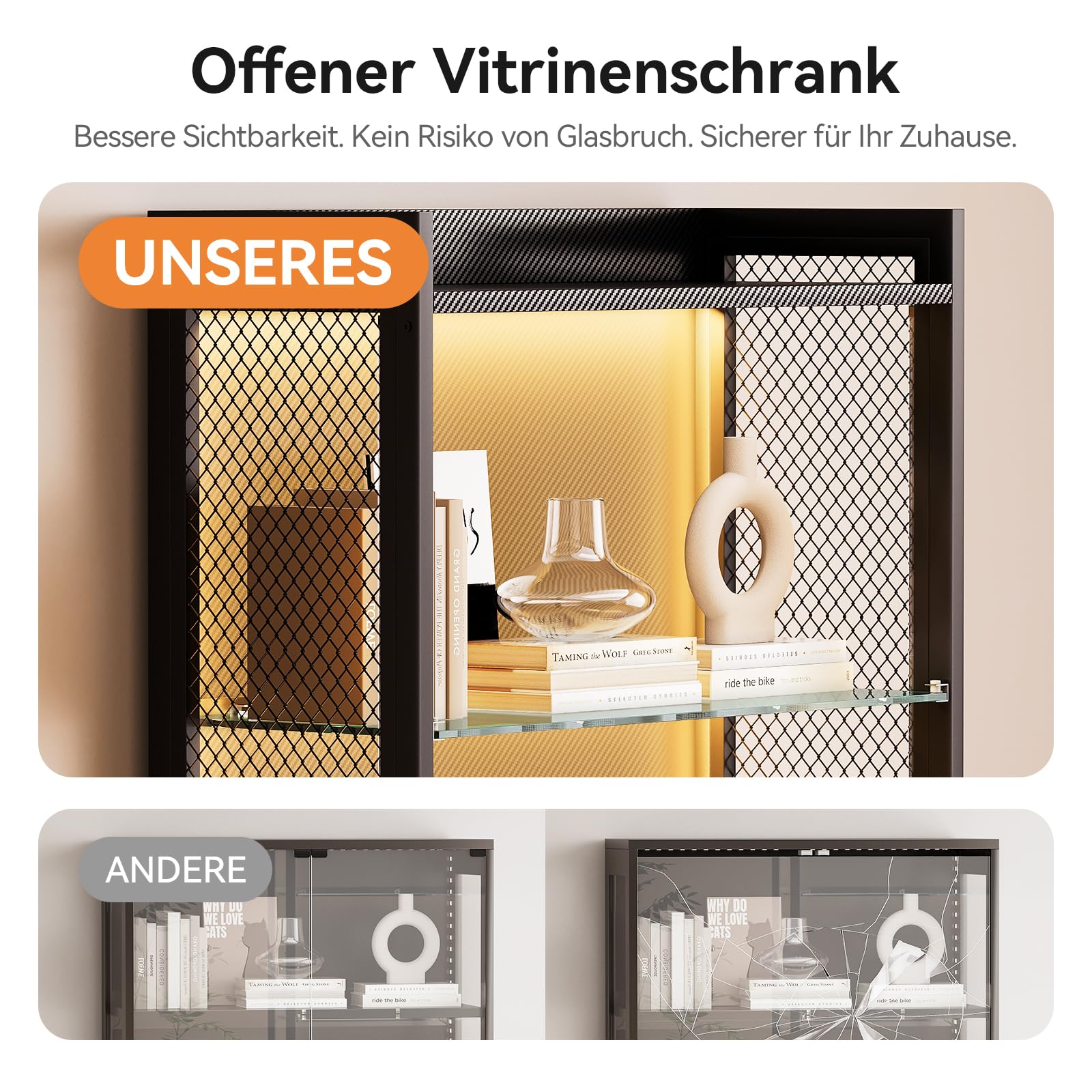 Coleshome Vitrine RGB LED 4 Ebenen, Offene Glasvitrine, 160cm, Schwarz