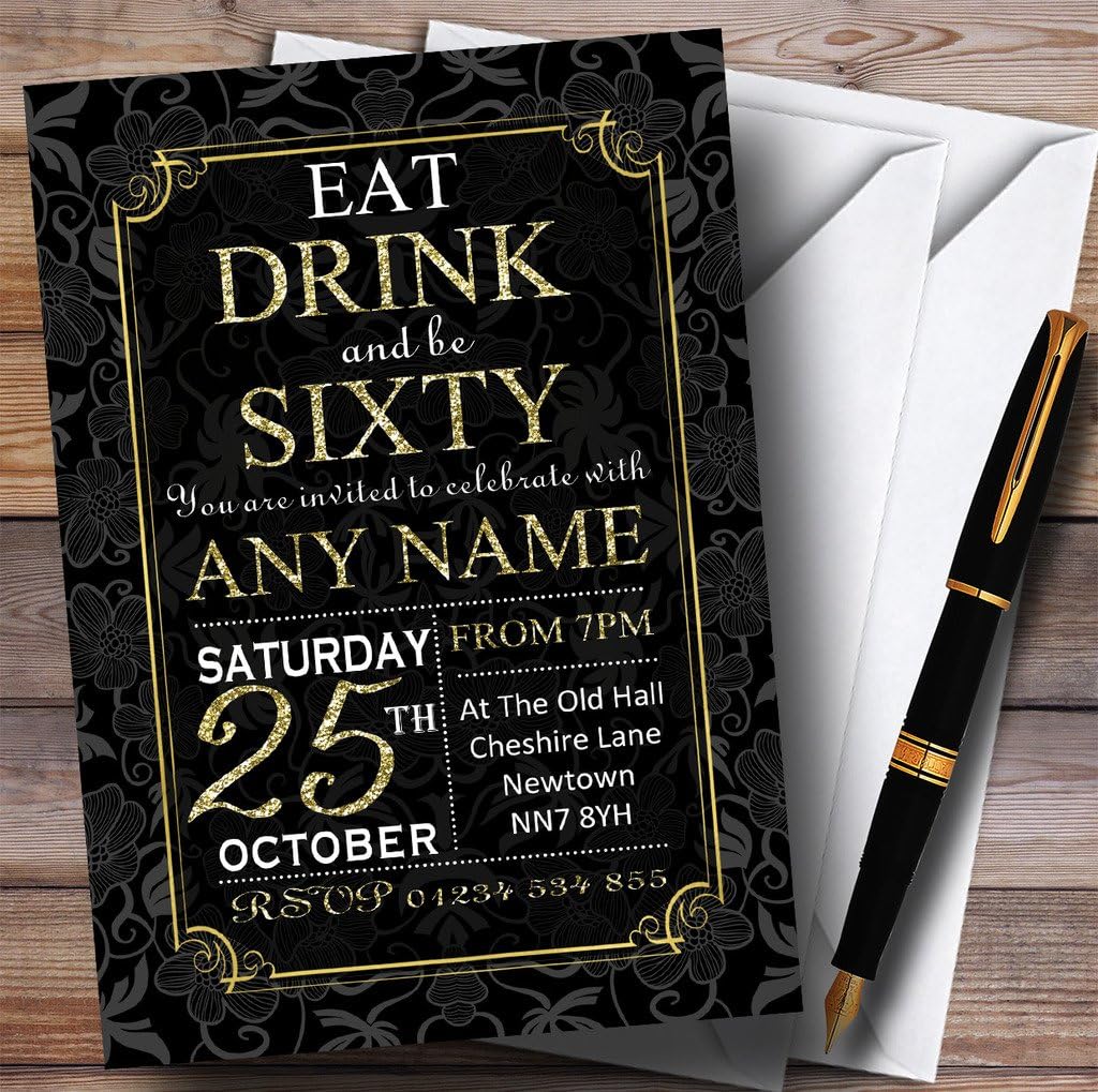 Black & Gold Flowers 60th Personalized Birthday Party Invitations