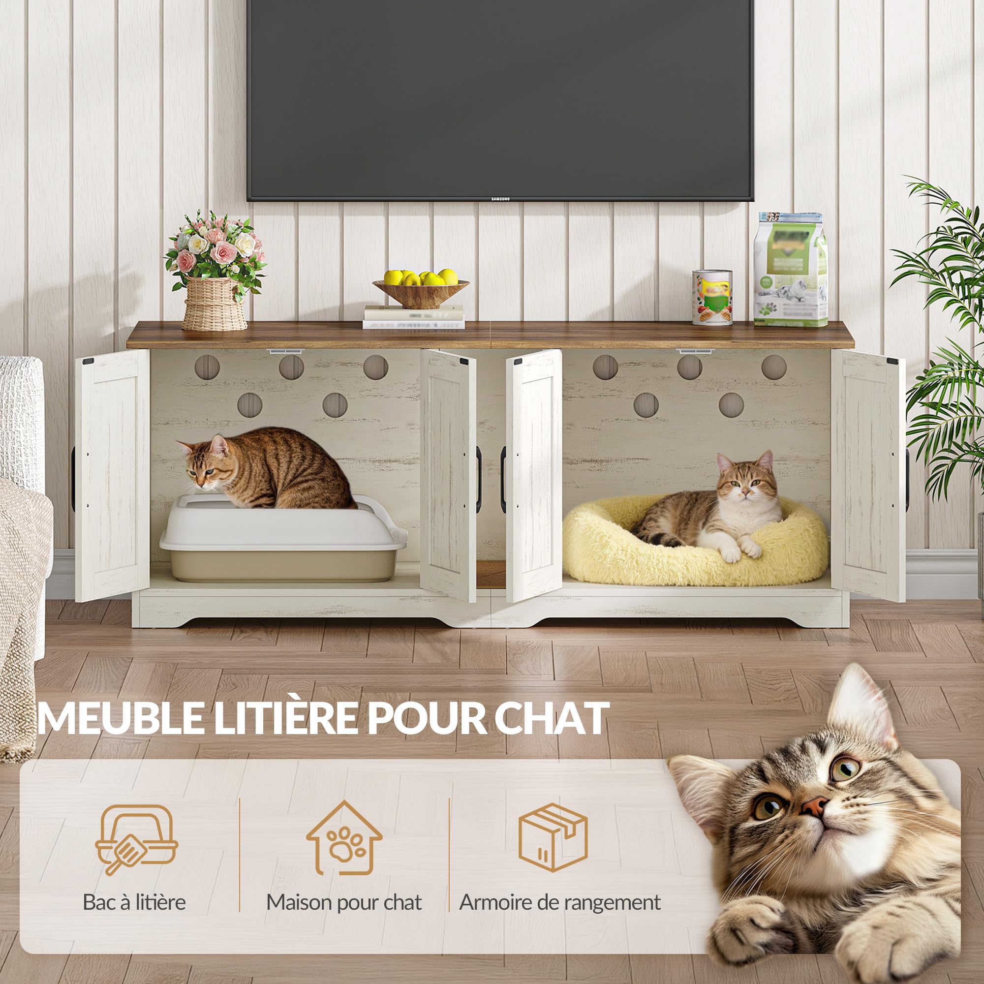 Meuble Litiere pour 2 Chats, 140 x 50 x 55 cm, Marron et Blanc | Meuble Cache Litiere Chat, Maison de Toilette Chats en Bois avec Tapis à Griffer, Maison pour Chat D'intérieur FPCB103PWR1
