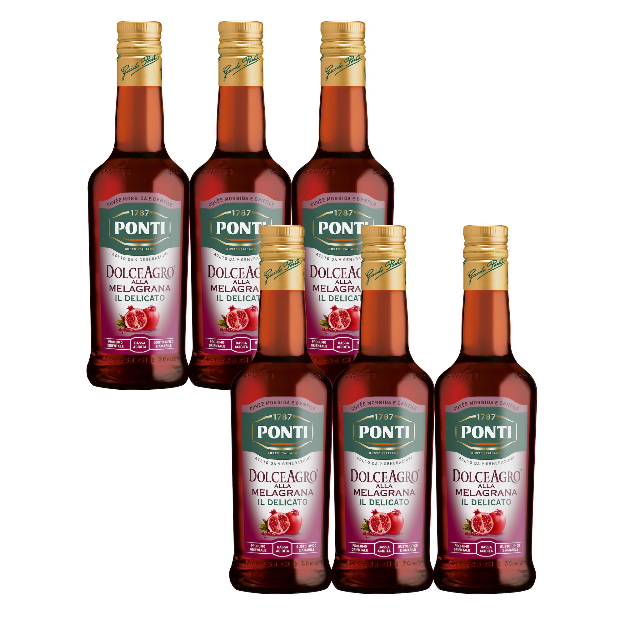 Ponti, DolceAgro alla Melagrana, Gusto Tipico e Amabile, dal Profumo Orientale e dalla Bassa Acidità, Ideale per Insalate e anche per le Carni Bianche, 100% Made in Italy, 6 Bottiglie da 500 ml
