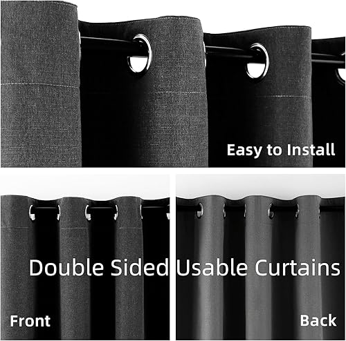 Miniatura 3 de Cortinas opacas de lino 100% negro para sala de estar, cortinas opacas de oscurecimiento de habitación para dormitorio, de doble cara, cortinas