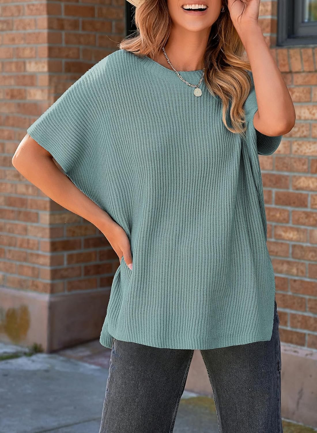 SHEWIN Womens Tops Crewneck Short Sleeve Sweater Causal Tunic Tops Lightweight Summer Sweaters for Women - Image 2