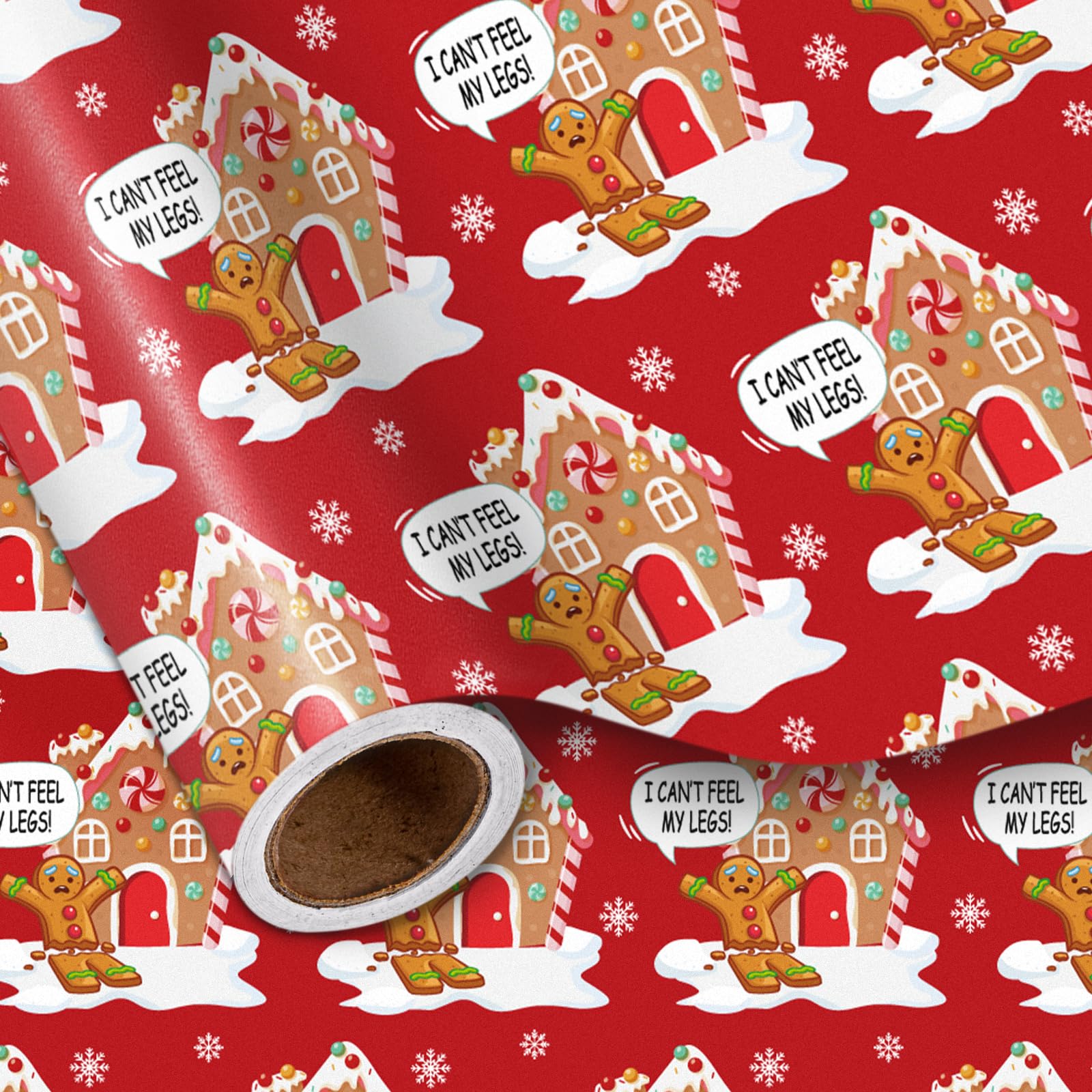 LeZakaa Gingerbread House Wrapping Paper Roll for Kids Adult, Funny Gingerbread Men I CAN'T FEEL MY LEGS! Speech Bubble Festive Christmas Design, for Family Gatherings, Mini Roll 17 in x 16.4 Ft โ image 1