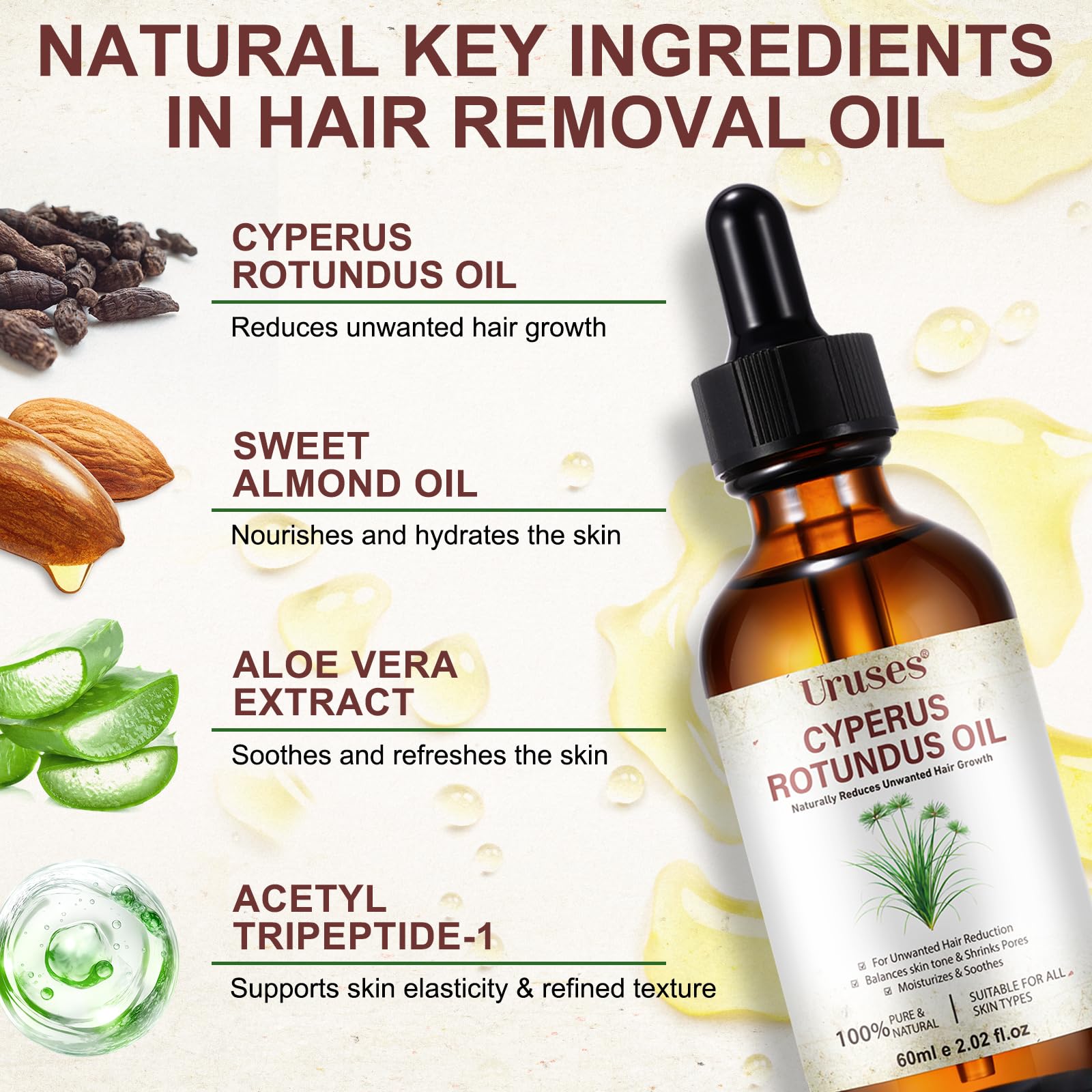 Huile Cyperus Rotundus, Huile Inhibitrice de Pilosité au Cyperus Rotundus 60ml | Réduit la Repousse, Répare la Peau & Resserre les Pores | 100% Naturelle, Vegan & Adaptée aux Peaux Sensibles