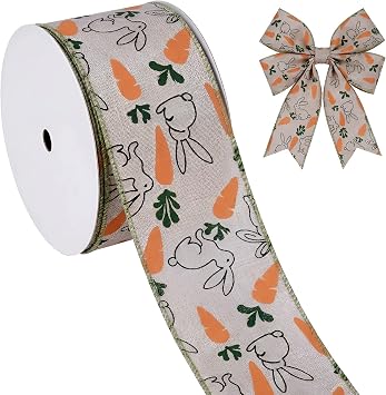 Ribest Easter Bunny Carrot Wired Ribbon, 2.5 in 10 Yd | Spring Burlap Wired Edge Ribbon with Rabbit Pattern for Gift Wrapping Wreath Bows Crafts Basket Party Decor