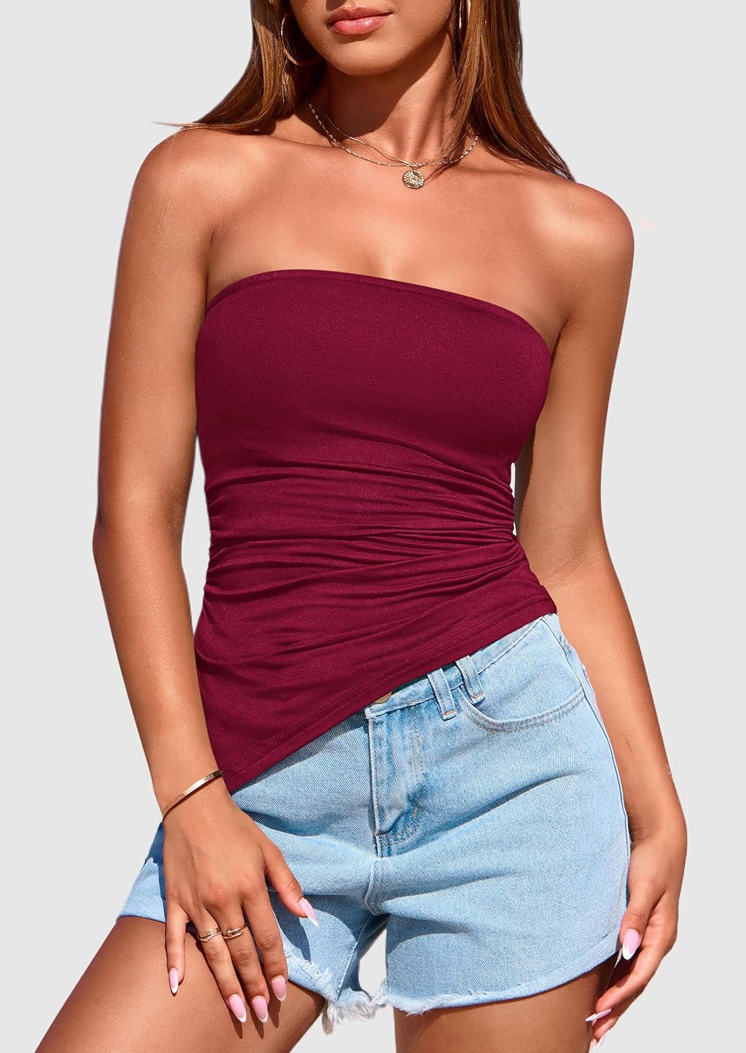 PRETTYGARDEN Tube Tops for Women Trendy Summer 2026 Asymmetrical Ruched Strapless Shirts Spring Fashion Going Out Y2K Clothes - Image 3