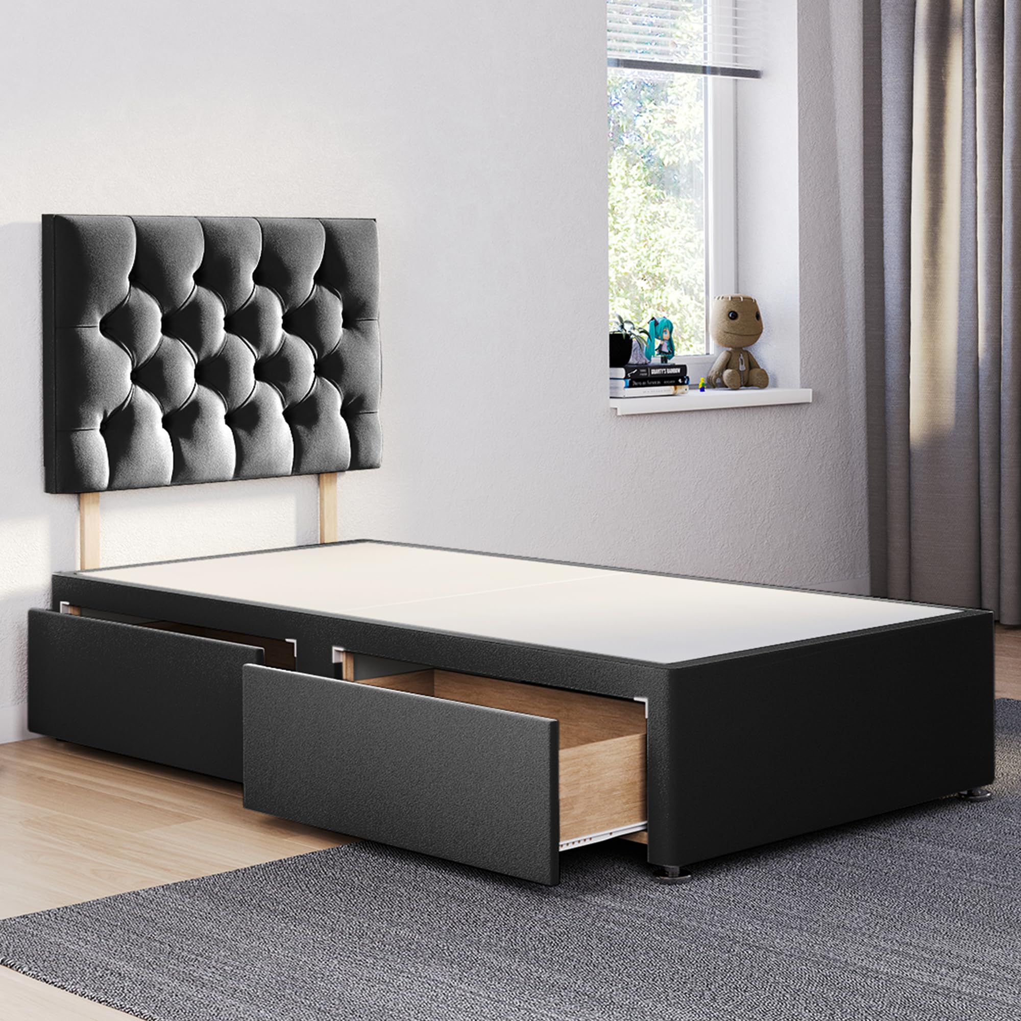 ComfoRest - Stylish 3FT Single Divan Bed with 24" Chester Headboard & 2 Spacious Drawers | Elegant Frame with Storage and a Sturdy Base (Black Plush) โ image 1