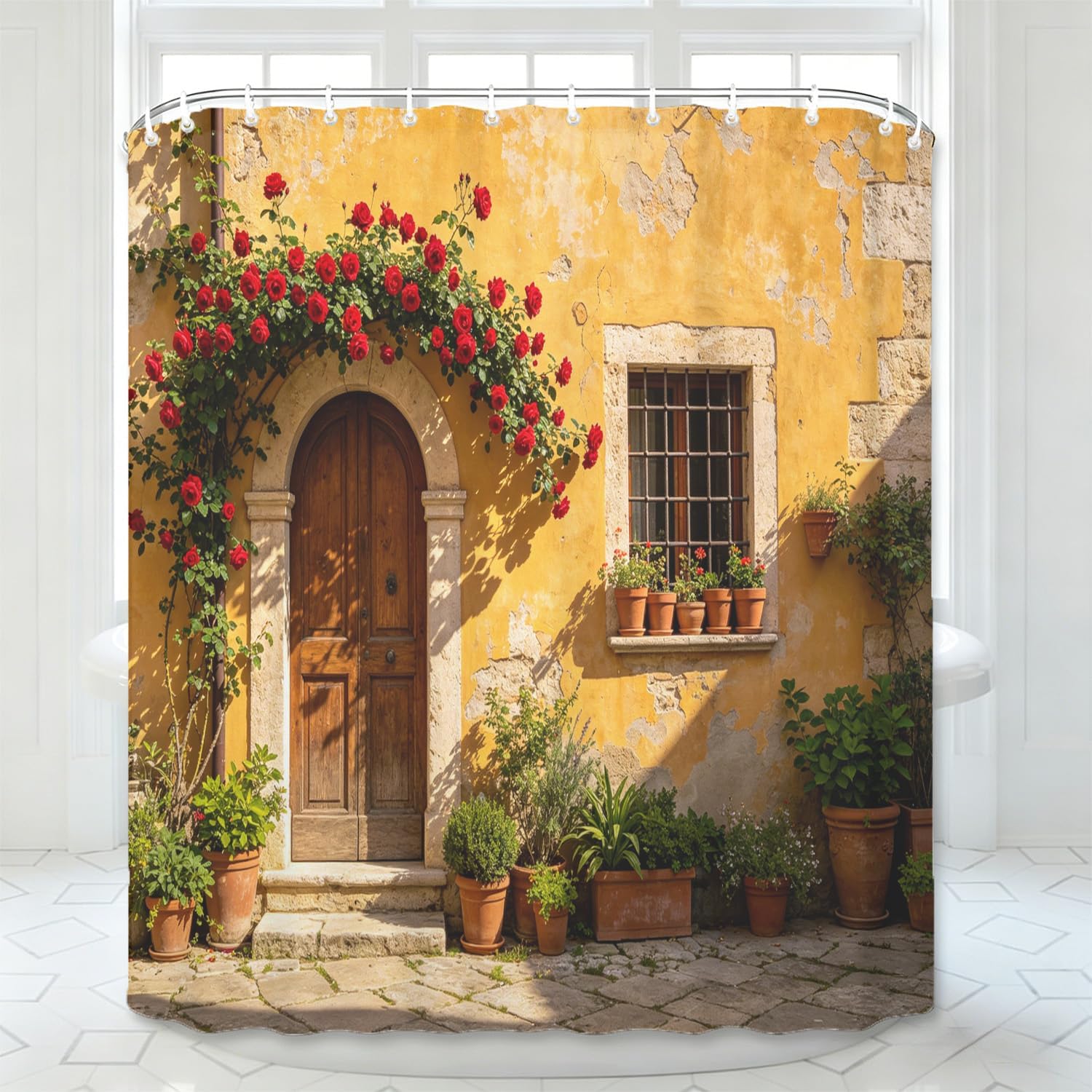 AUWUUA Garden Shower Curtain 71x71in/180x180cm/WxH 3D Country House Southern European Courtyard Vintage Look Stone Wall Shower Curtains Polyester Fabric Washable Bath Curtain with Hooks