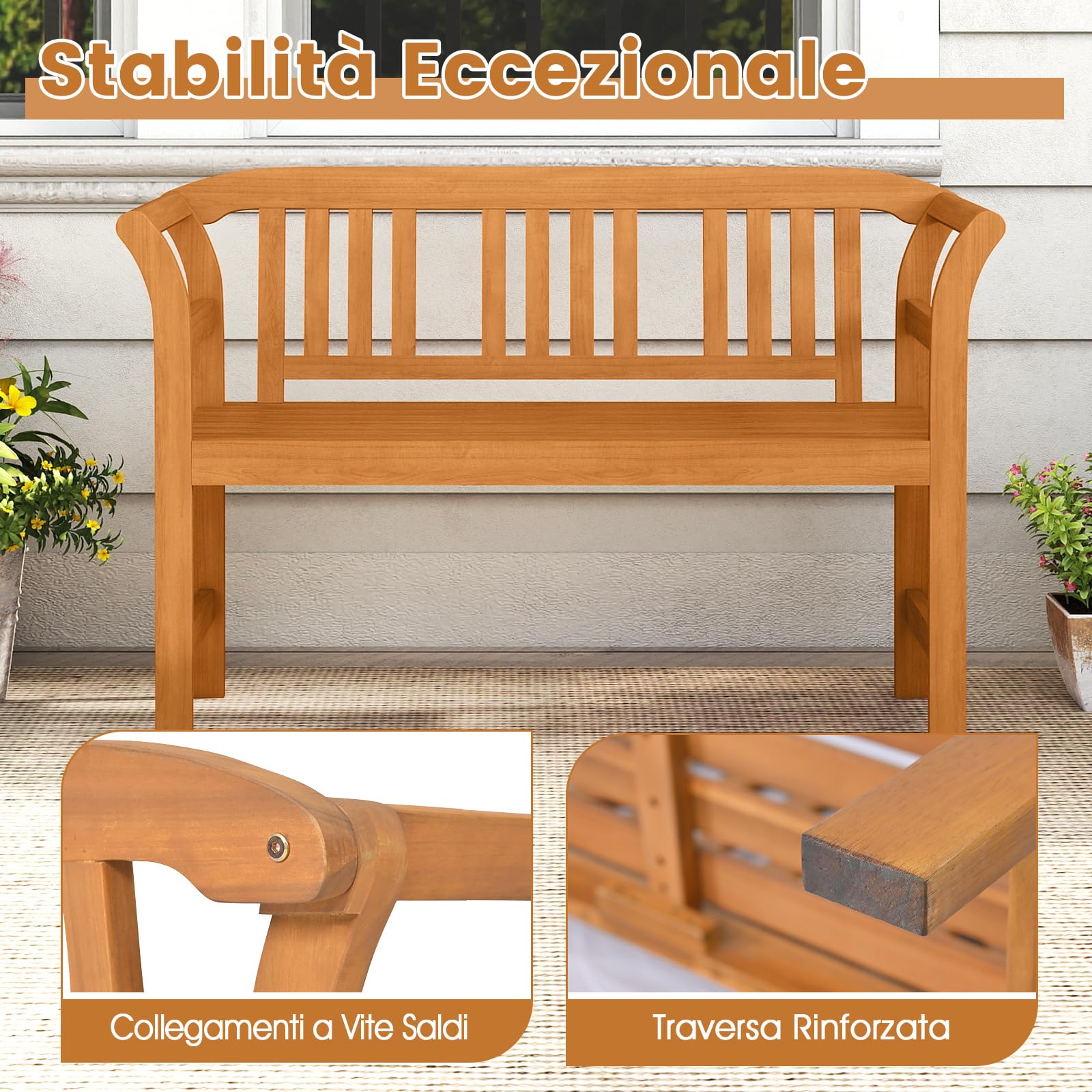 COSTWAY Panchina da Giardino in Legno di Acacia, Portata 360 kg, Panca da Patio per 2 Persone con Schienale Ondulato e Seduta a Doghe, Divanetto Esterno per Portico, Balcone e Parco (Modello 1)