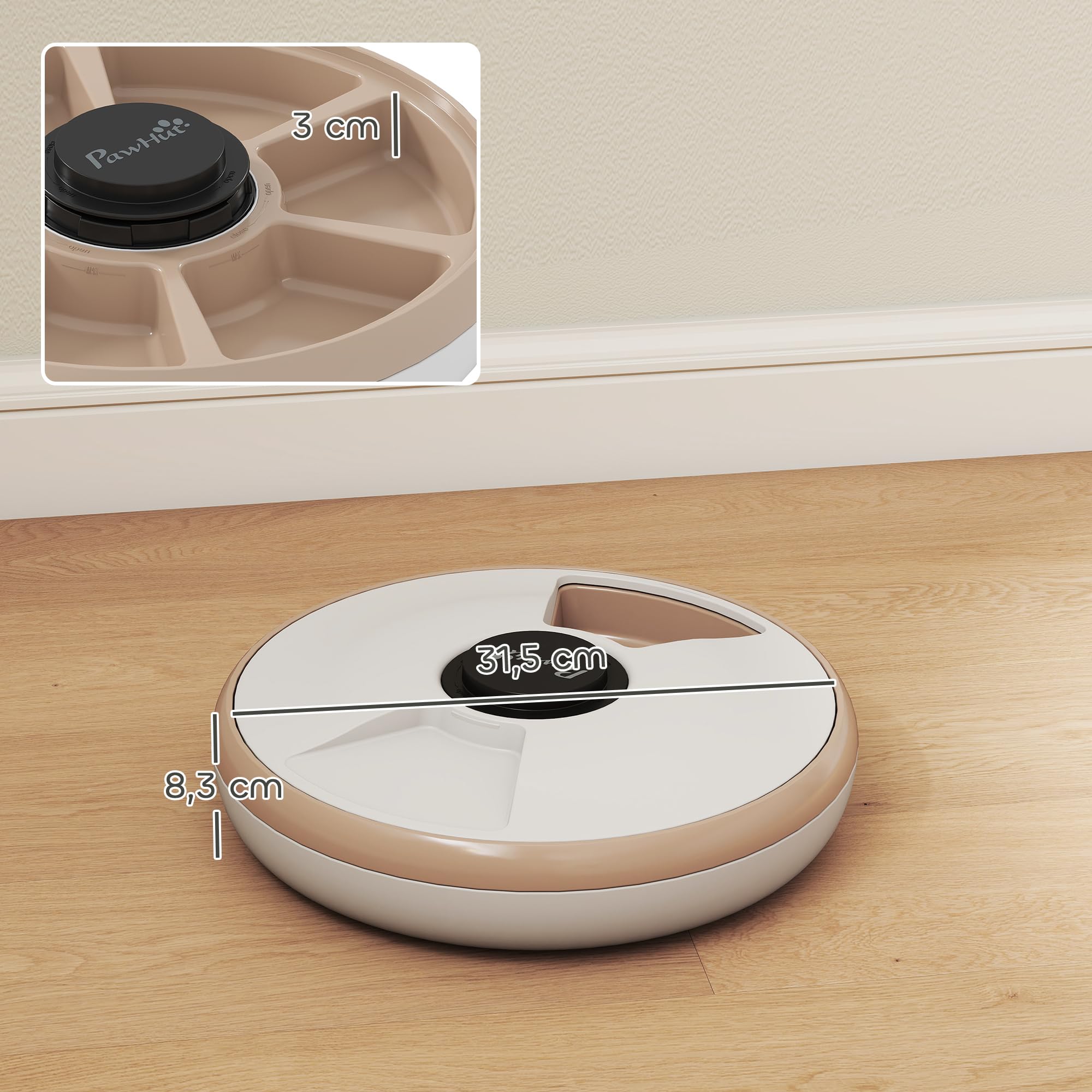 PawHut Comedero Automático para Gatos y Perros, Dispensador de Comida para Gatos con Temporizador Programable, Paquete de Hielo, 6 Cuencos, Pantalla LED, Funciona con Baterías, para Secos y Húmedos