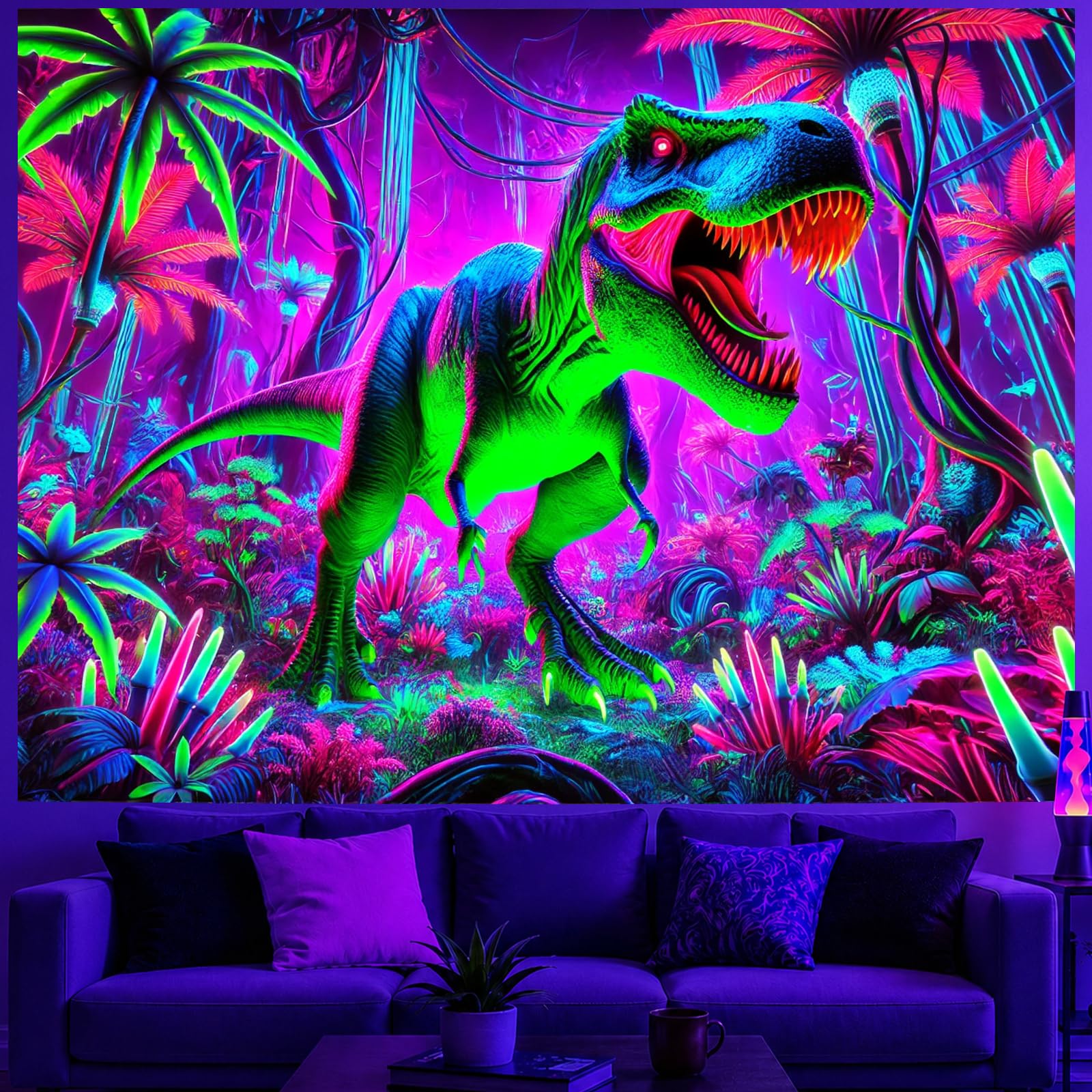 BlissYard Blacklight Tapestry Dinosaur Jungle UV Wall Art 78 x 59 Inch
