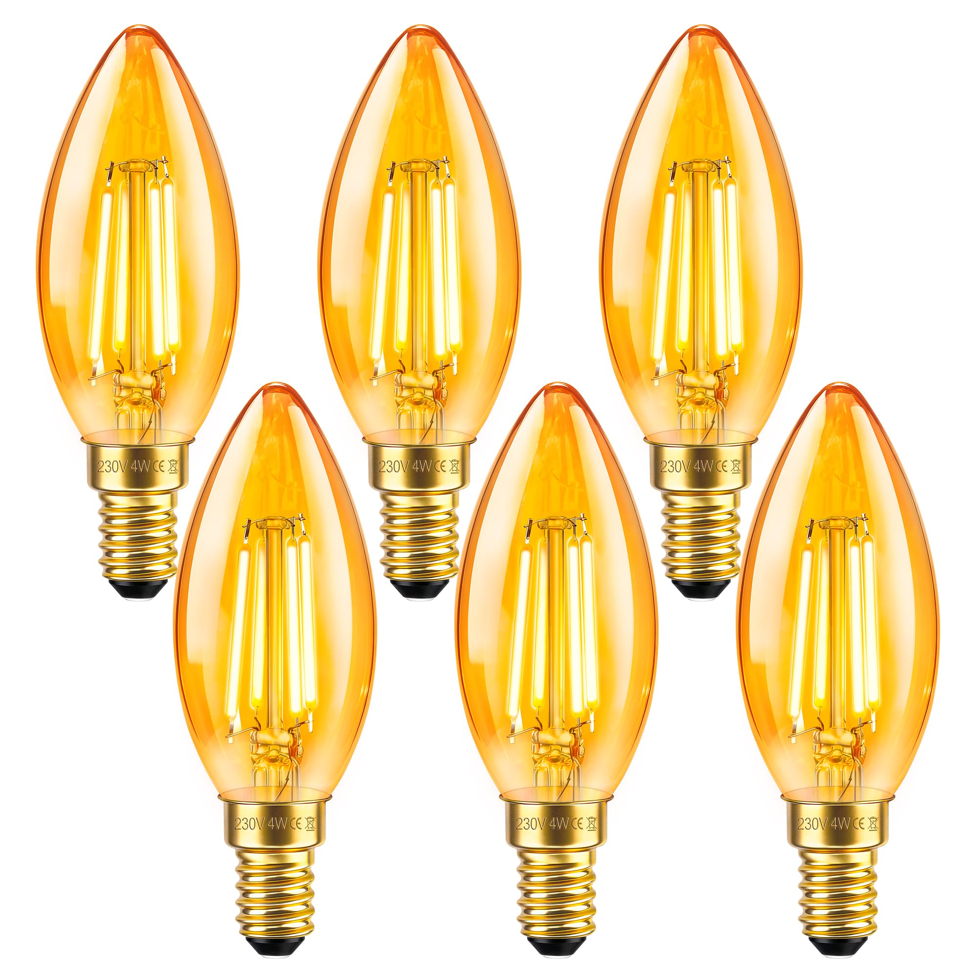 6 Pack E14 LED Vintage Candle Light Bulb, 4W LED Filament Equivalent 40W, Retro Amber Glass 2200K Warm White, 400LM, Non-dimmable, C35 Candle, E14 Small Edison Screw Bulb for Chandeliers, Wall Lamp