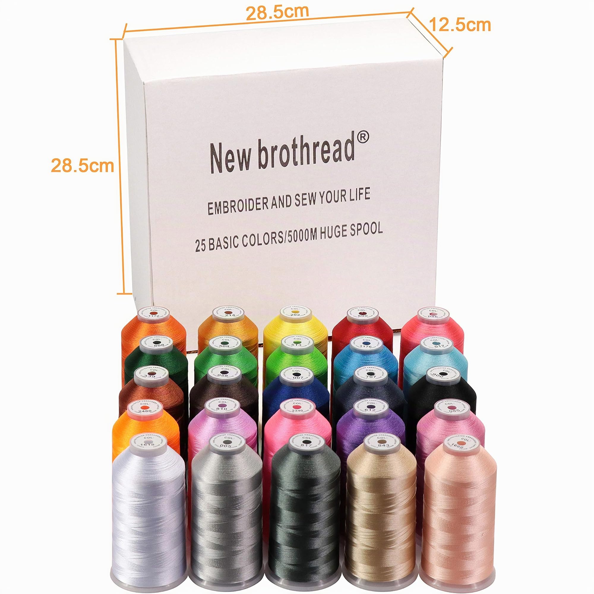 New brothread - 25 Couleurs de Base 5000M Énorme bobine Fil de machine à broder en polyester pour les machines à broder commerciales et domestiques