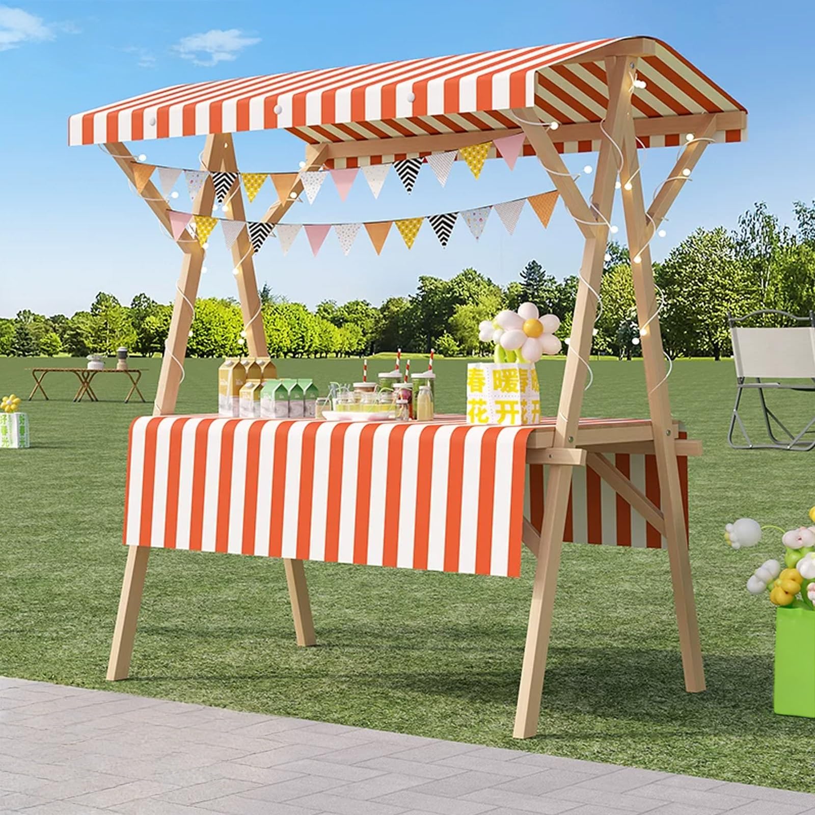 HARELA Marktstand Imbisswagen Marktstand-Display Aus Holz, Verkaufsstandwagen, Süßigkeiten/Eis-Verkaufsstand mit Markise, Faltbare Bauernmarktstände for Straßen/Bauernmärkte(Orange A,120cm/47.2in)