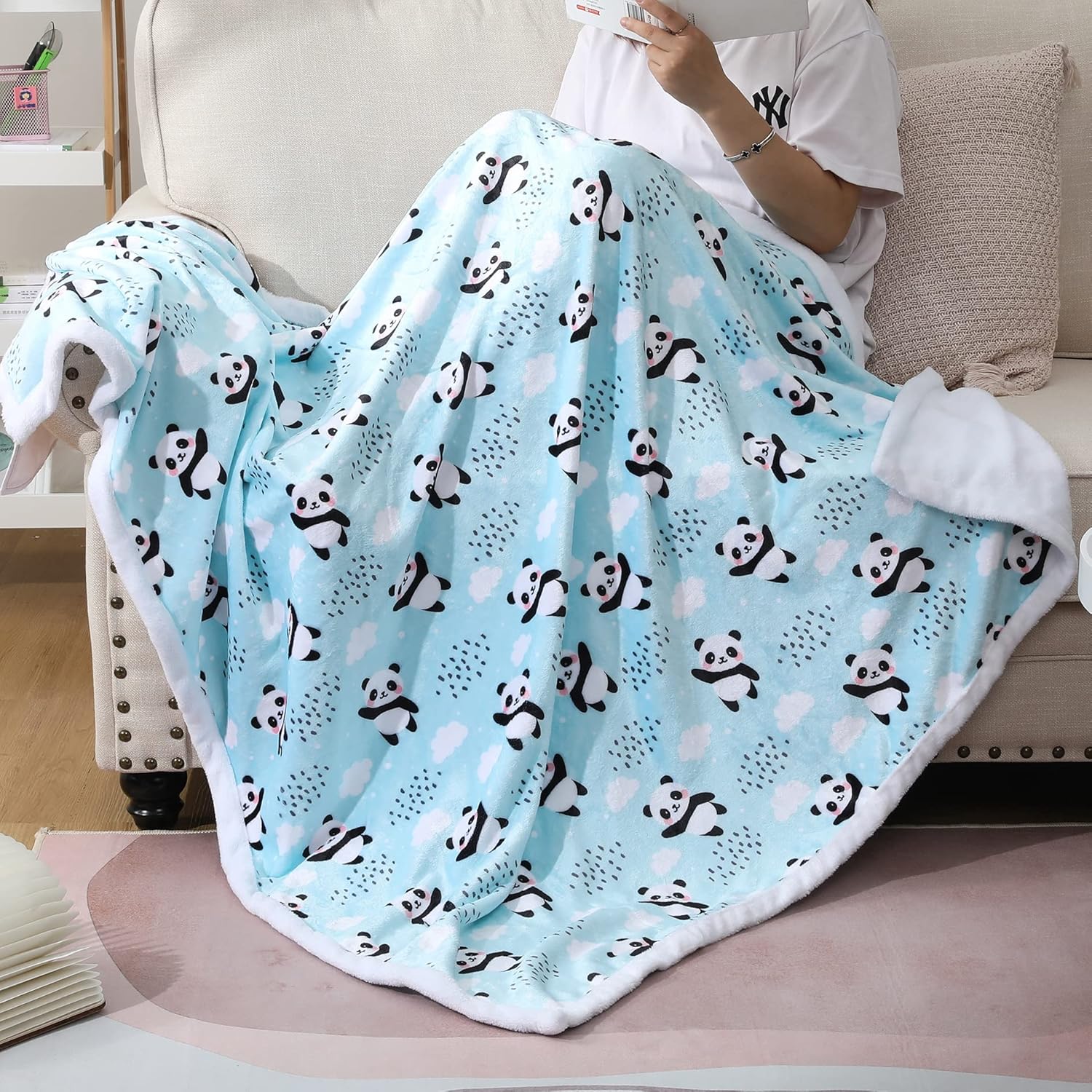 Panda Blanket Super Soft Cozy Blankets Light Blue Pandas Stuff Pandabear Gifts for Girls Teens Women Fleece Blanket Lightweight Cute Panda Accessories (Blue Panda, 50x60 Inches) - Image 8
