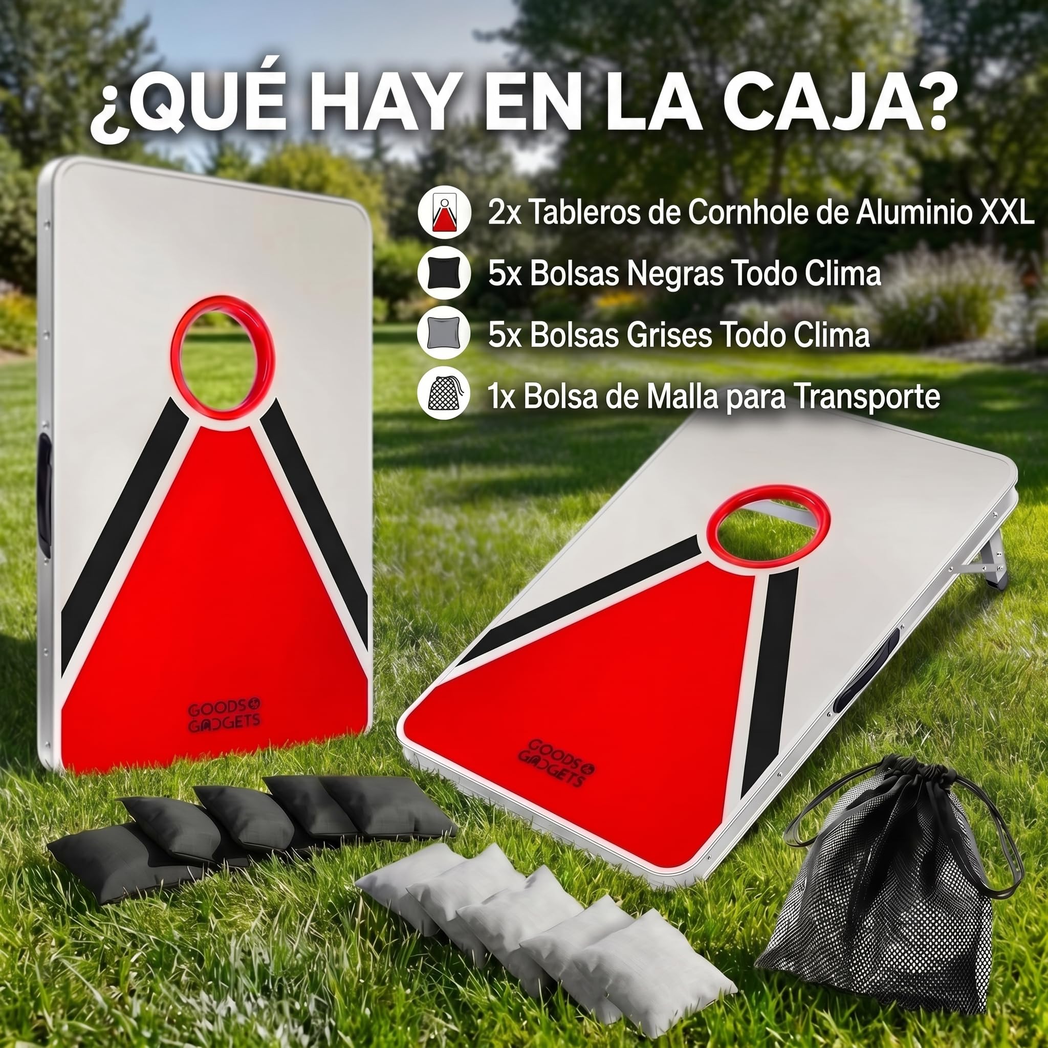 GOODS+GADGETS® Cornhole XXL Set - Juego de Sacos Jardín | 8 sacos de arena extragrandes - plegable y listo para jugar - interior y exterior para toda la familia