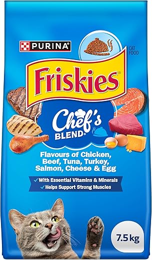 5 Stars Cat Food Reviews on Amazon cat foods Friskies Chef's Blend Dry Cat Food - 7.5 kg Bag