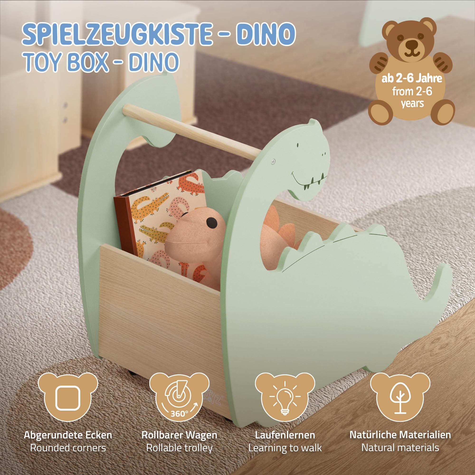 Joyz Coffre à Jouets en Bois, Design Dino, 57x31,5x49 cm, Vert-Nature, Bibliothèque avec Espace Ouvert, Chariot à roulettes, Boîte avec Espace de Rangement, Trotteur Pratique pour Chambre d'enfant