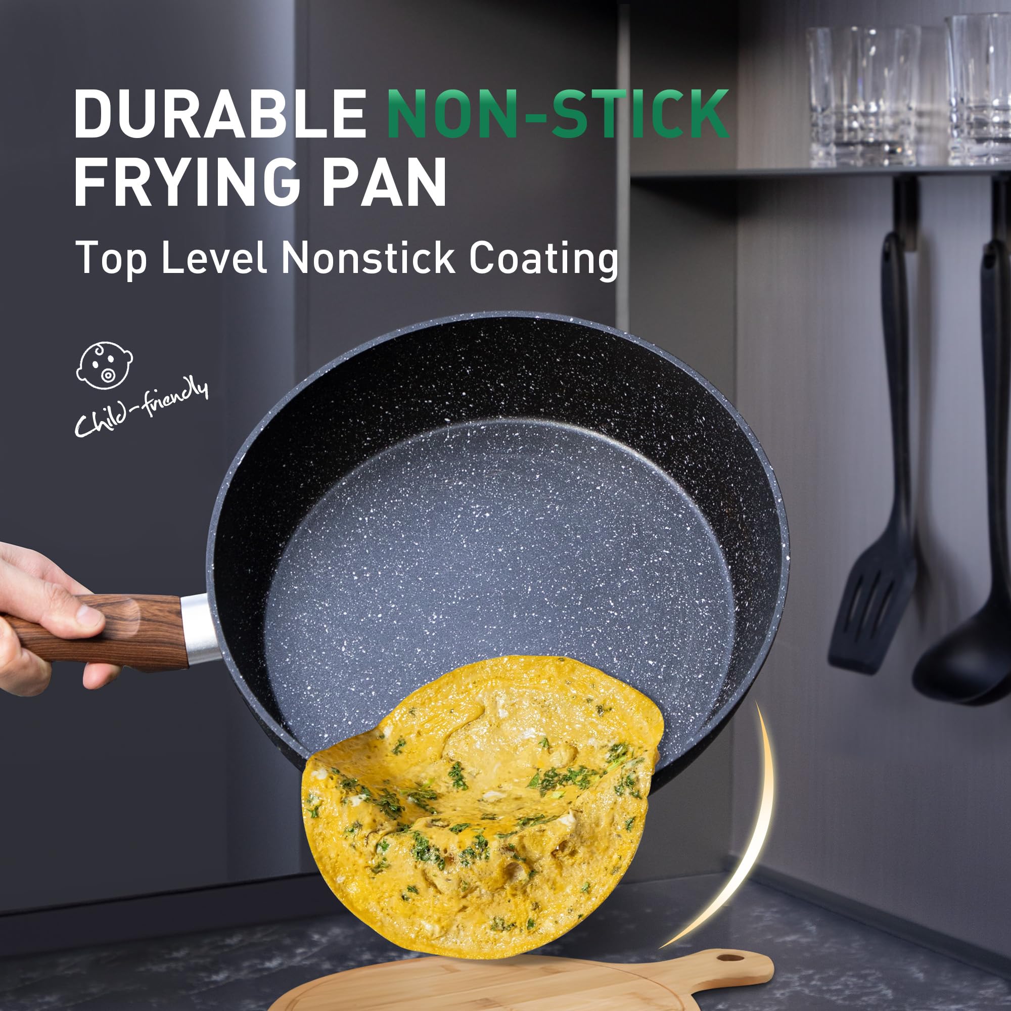 Kitchen Academy Set di 30 pezzi Padelle e Pentole Antiaderenti Nere, Set di Padelle a Induzione, Pentole in Granito Padella per Crepes con Coperchio in Vetro 3 Utensili in Silicone