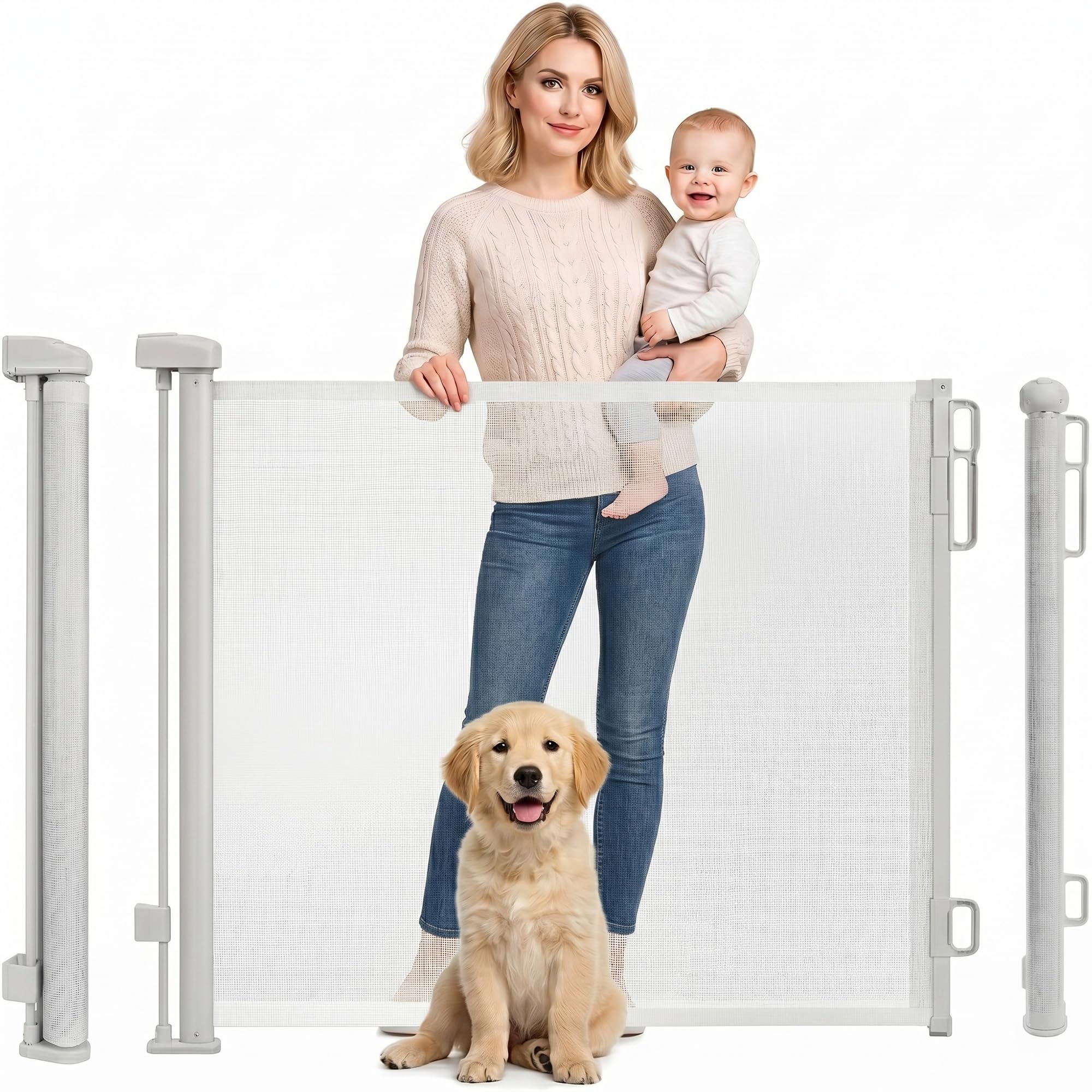 Rainberg Retractable Stair Gate for Baby & Pet with Secure 2-Step Lock 150cm Wide & 80cm Tall, One Hand Operated Baby Gate, Child Safety Gate for Doorways Stairs, Hallways, Kitchen (White)