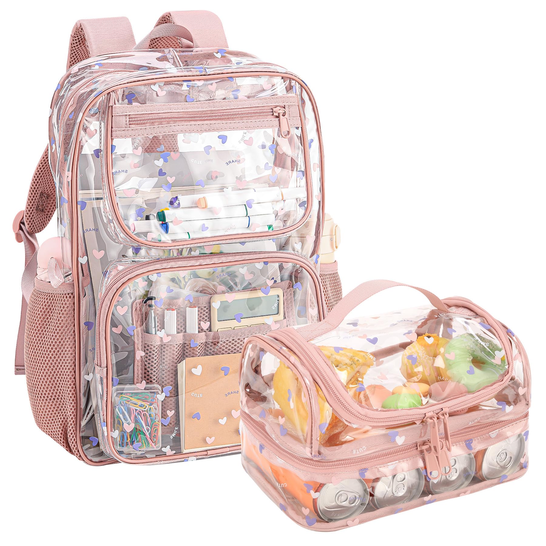 Clear Backpacks with Matching Lunch Bags for Kids(clear backpack & double lunch bag-pink)