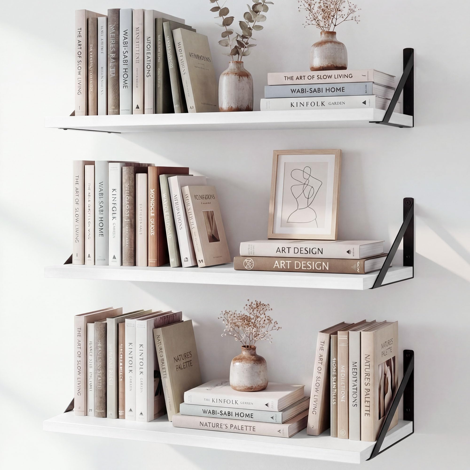 Fun Memories Floating Bookshelves, Set of 3 Wall-Mounted Wood Shelves 60 x 20 CM, Decorative Wall Shelf for Living Room, Bedroom, Bathroom, and Laundry Room (White)