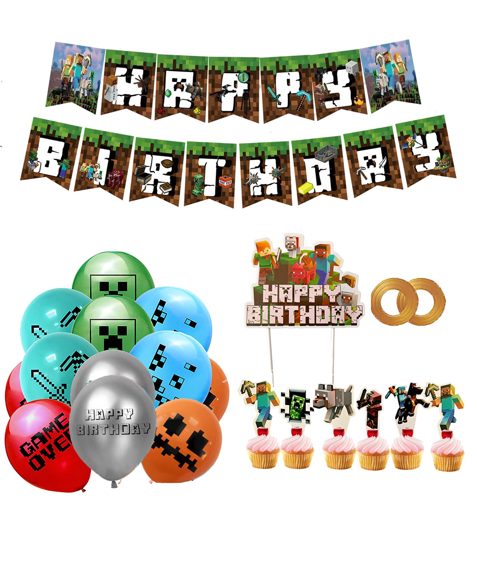 49Piece Birthday Theme Decoration,Gaming Party Decoration Kit for Birthday, Themed Party Supplies,Includes Balloons and cake toppers designed