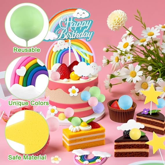 81Pcs Rainbow Cake Topper Boho Birthday Cake Balls Decorations, Groovy Cake Toppers with Rainbow Flowers Balls for Girls Birthday Party Decorations