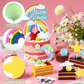 81Pcs Rainbow Cake Topper Boho Birthday Cake Balls Decorations, Groovy Cake Toppers with Rainbow Flowers Balls for Girls Birthday Party Decorations