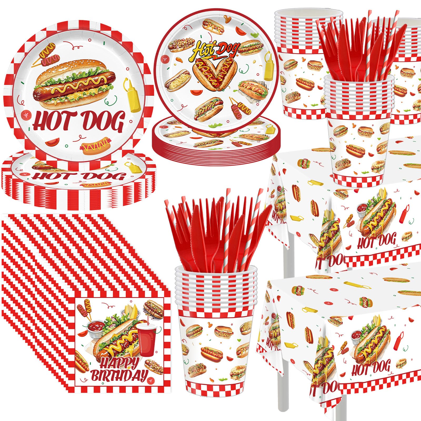 170Pcs Hot Dog Party Decorations Including Hot Dog Plates-Napkins-Cups-Straw-Cutlery and Tablecloth for Hot Dog Birthday Decorations